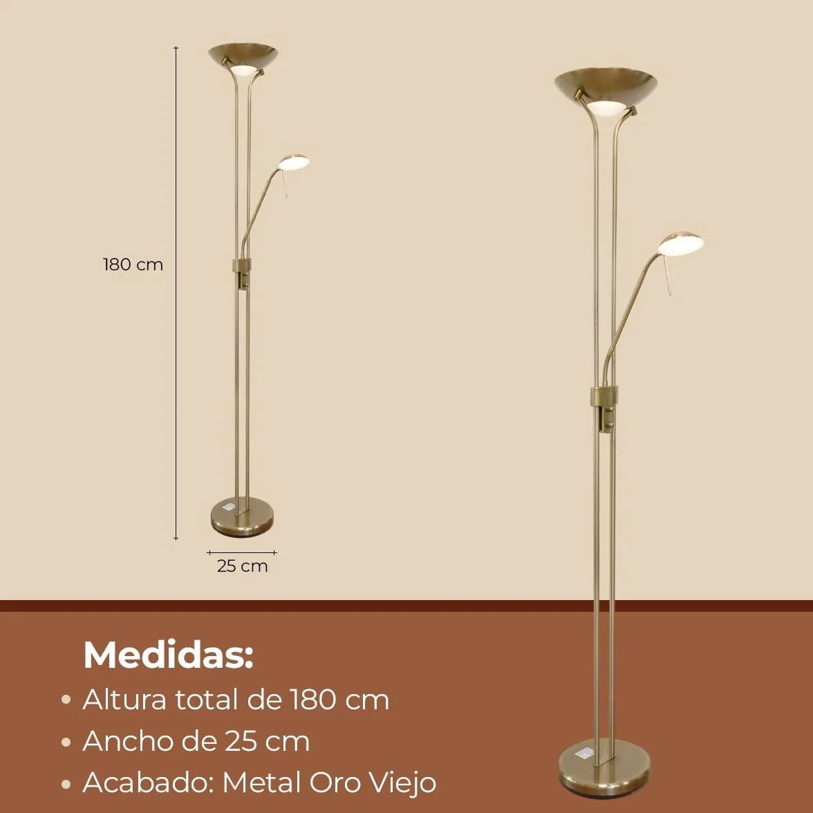 Lámpara pie salón LED SMD metal oro viejo 17W 3000K 1600lm H180cm Ancho 50cm IP20