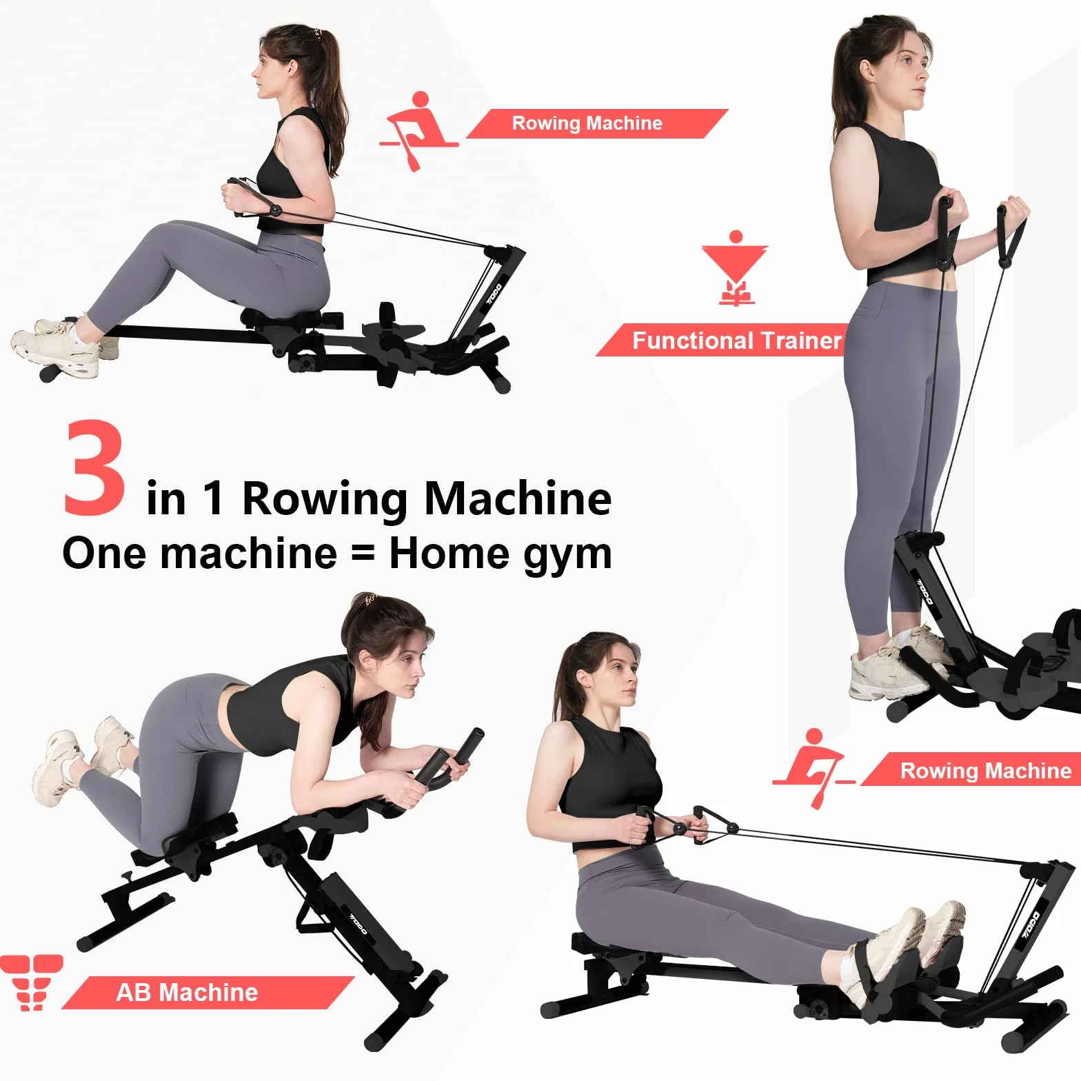 TODO 3 en 1 Maquina de Remo para Casa, Multifuncional Máquina Remo con 2 Intensidades Regulable, AB Maquina Abdominales Remo Fitness Silenciosa para Uso Doméstico, Máxima 120KG