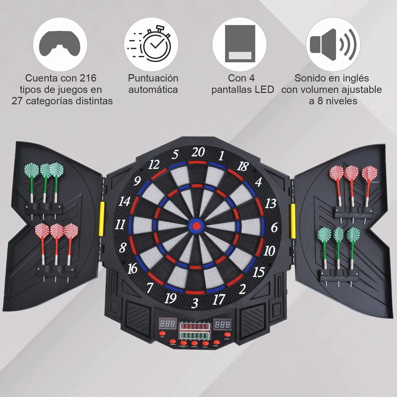 HOMCOM Diana Electronica Digital + 12 Dardos 8 Jugadores 27 Juegos 216 Variantes Sonido