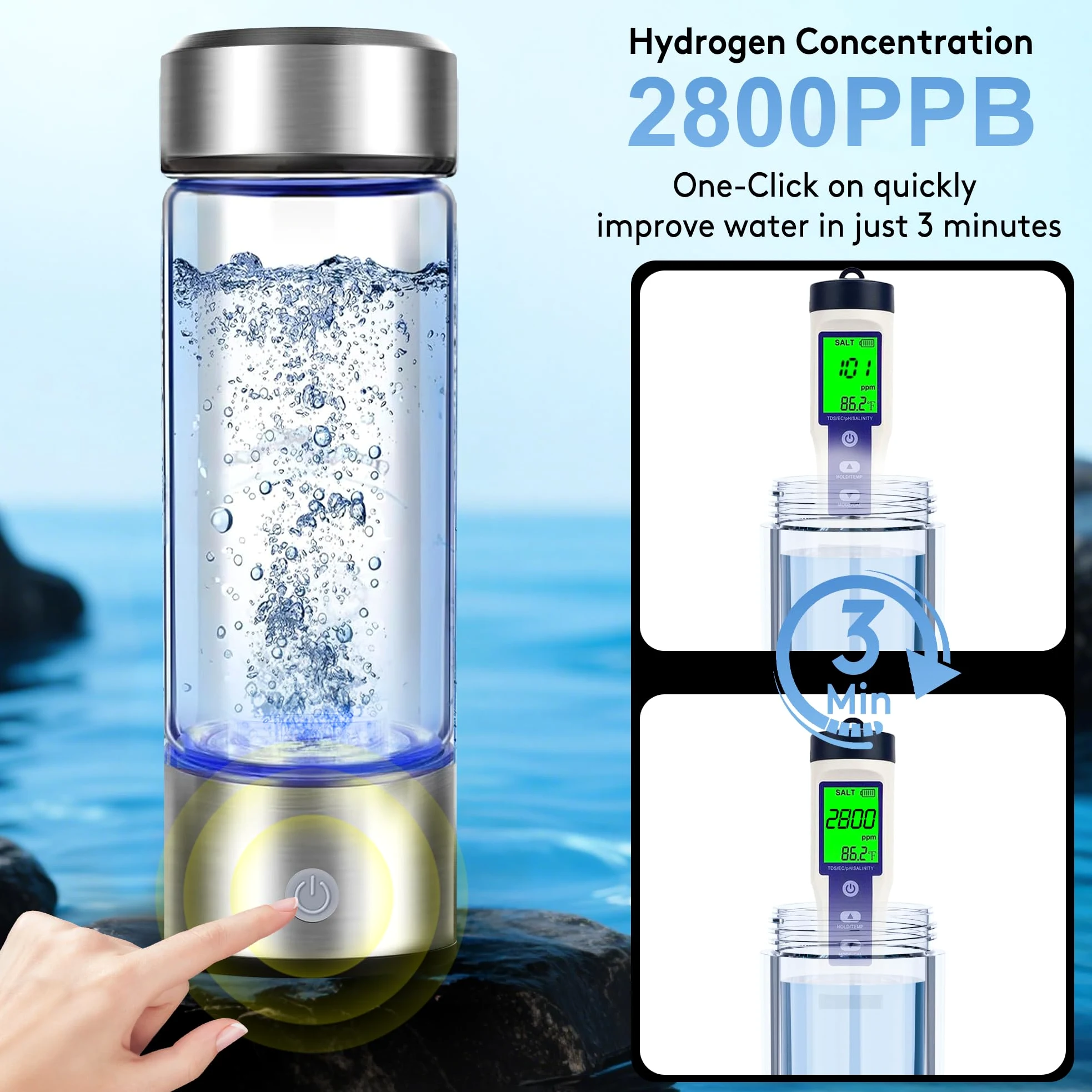 Generador de botella de agua de hidrógeno 3 en 1, marca de agua de hidrógeno de hasta 4000 PPB, SPE/PEM Tech-3 minutos rico en hidrógeno para beber e inhalar, limpieza automática, portátil para el