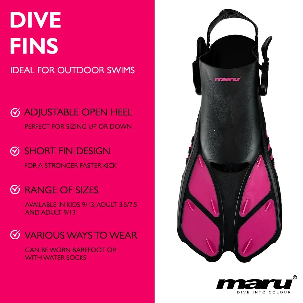 Maru Aletas de Buceo, Aletas de esnórquel con Hebillas Ajustables, talón Abierto para natación, Buceo, esnórquel, Aletas de natación, tamaño de Viaje, tamaño Corto, Adultos, Hombres, Mujeres, niños,
