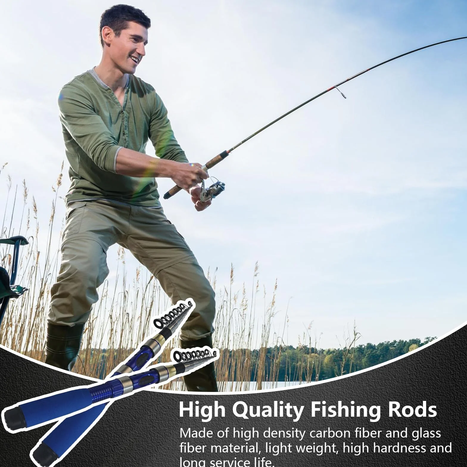 Set de Cañas de Pescar Telescópicas, 2 Cañas de Fibra de Carbono 1,9m y 2 5.2:1 Carretes de Spinning Caña de Pescar Caja de Aparejos y Estuche de Transporte para Pesca en Agua Salada y Dulce
