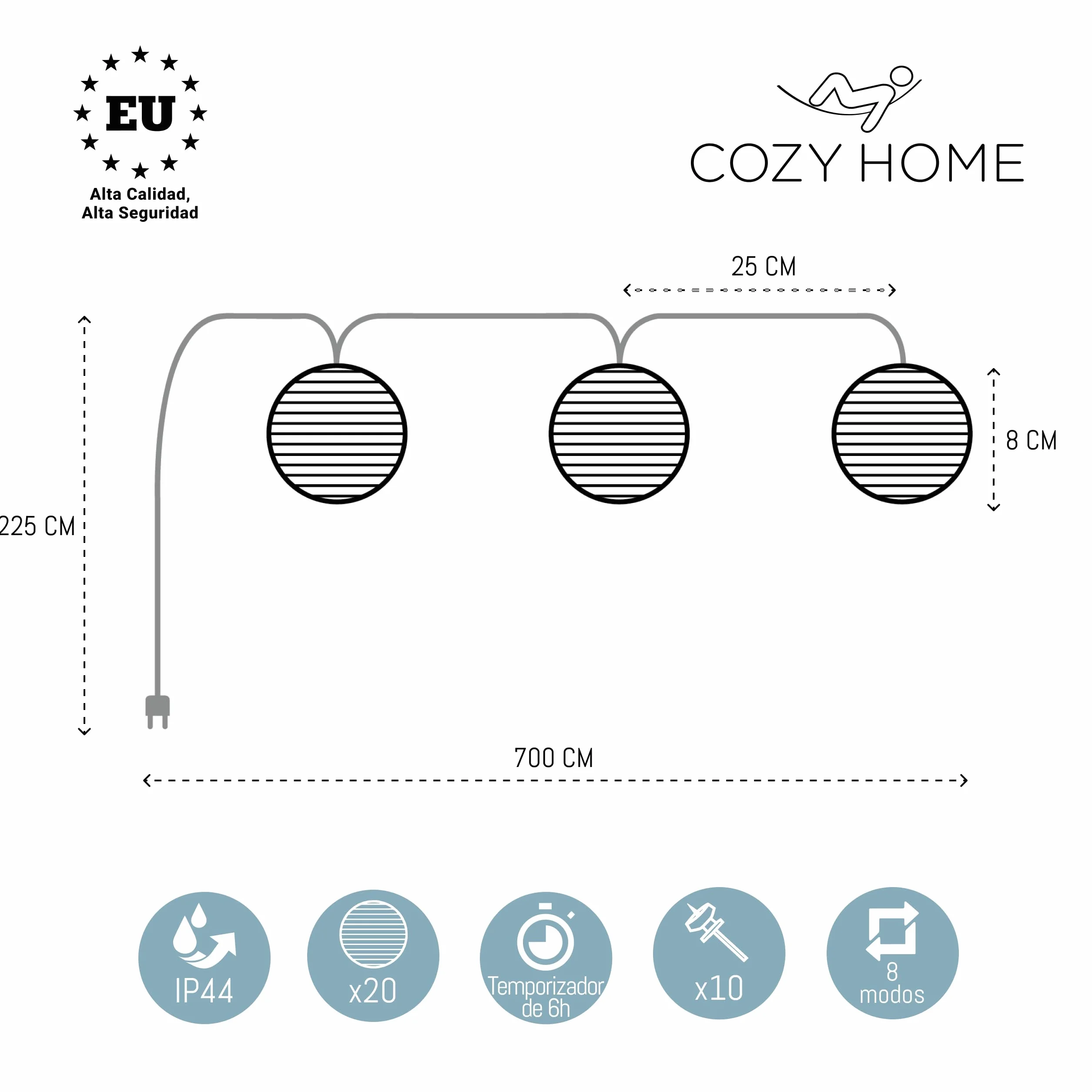 CozyHome Guirnalda luces exterior linternas LED blanco cálido 7m con enchufe