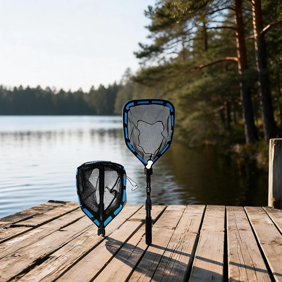 Red de pesca plegable extensible, mango telescópico de 80-100 cm con diseño flotante y cordón para un fácil almacenamiento