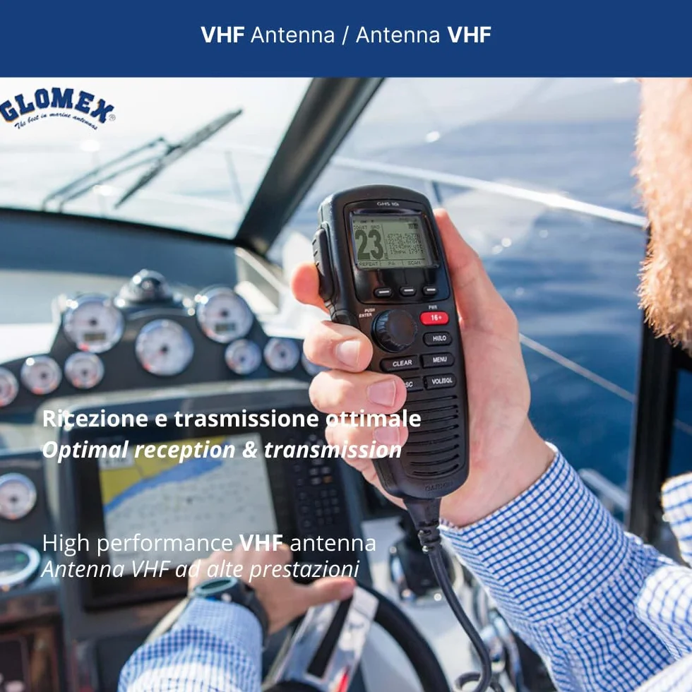 Glomex Antena VHF RA112 1,5 m 3 dB Fibra de Vidrio para Barcos a Motor