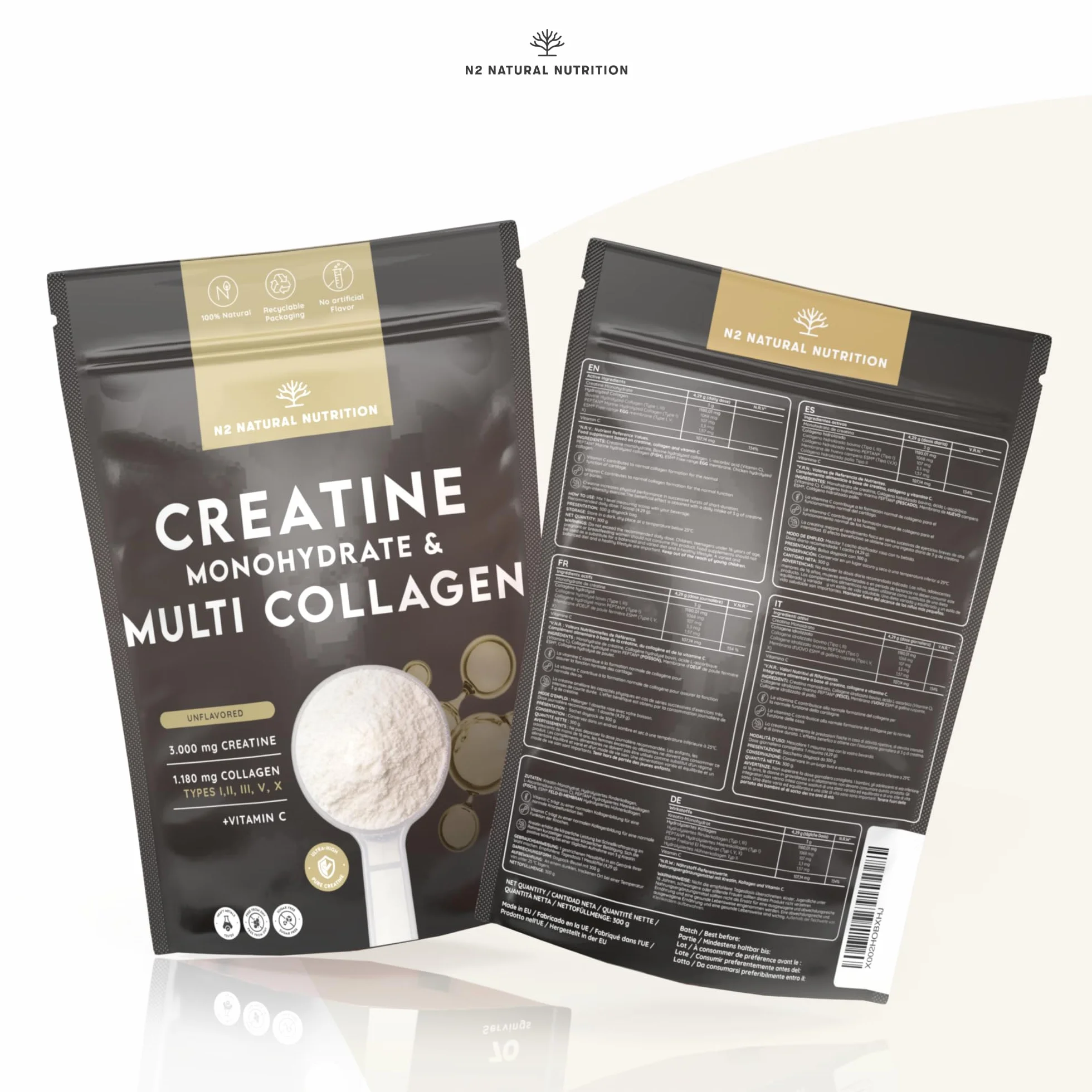 N2 Natural Nutrition Creatina Monohidratada + Multi Colágeno Hidrolizado con Vitamina C en polvo 3000mg 70 Dosis