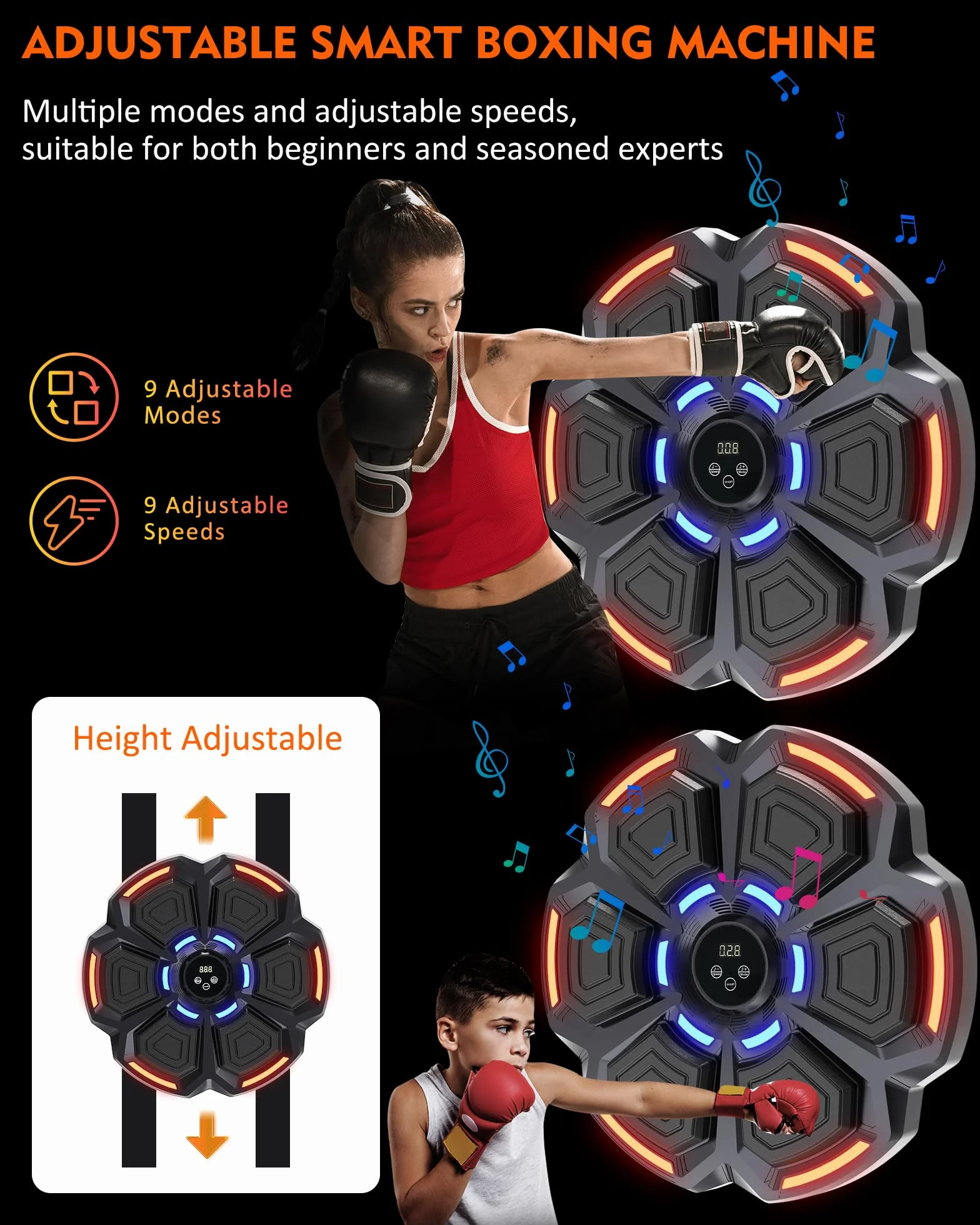Máquina de Boxeo con Música snawowo - 9 Modos de Velocidad, Bluetooth, Recuento Inteligente, Luces al Ritmo, Guantes Incluidos