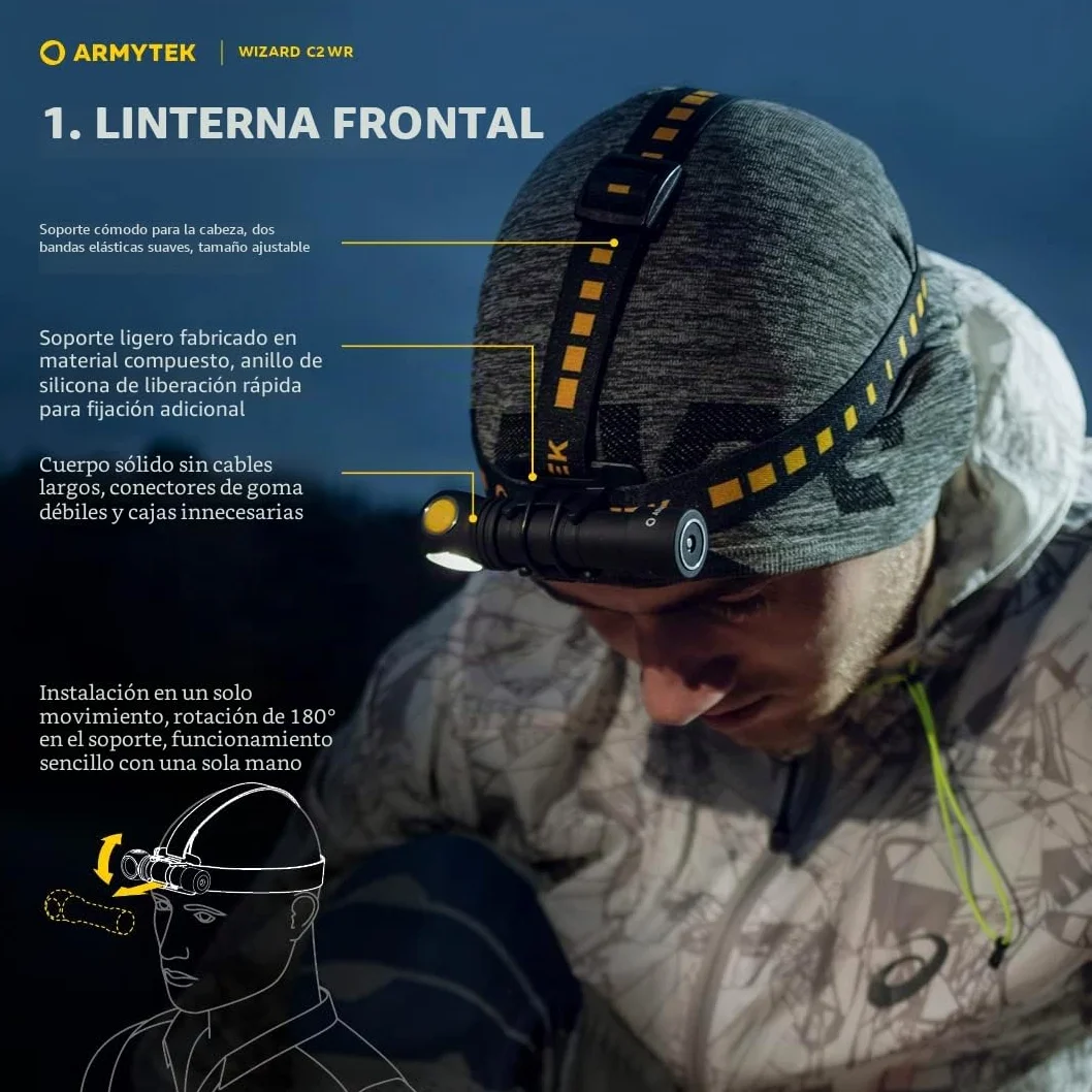 Linterna frontal LED Nueva Armytek Wizard C2 WR blanco frío y rojo Multifunción Recargable por USB + Batería 18650 Li-Ion