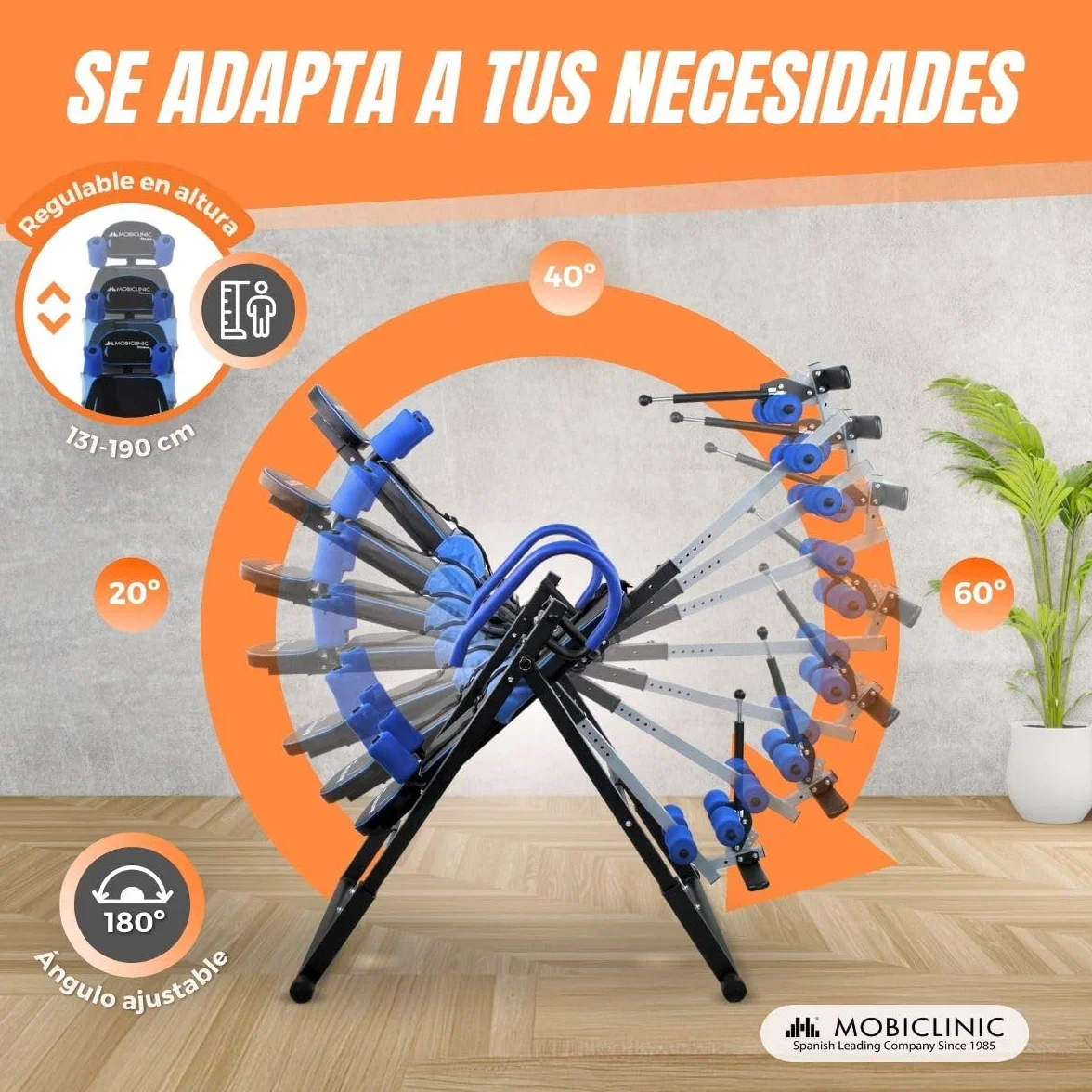 Mobiclinic® fitness, Tabla de inversión, Plegable, Inclinación 180º, Hasta 120 kg, Regulable, Cojín lumbar y reposacabezas, Cuatro sistemas seguridad, Estiramientos abdominales, Acero