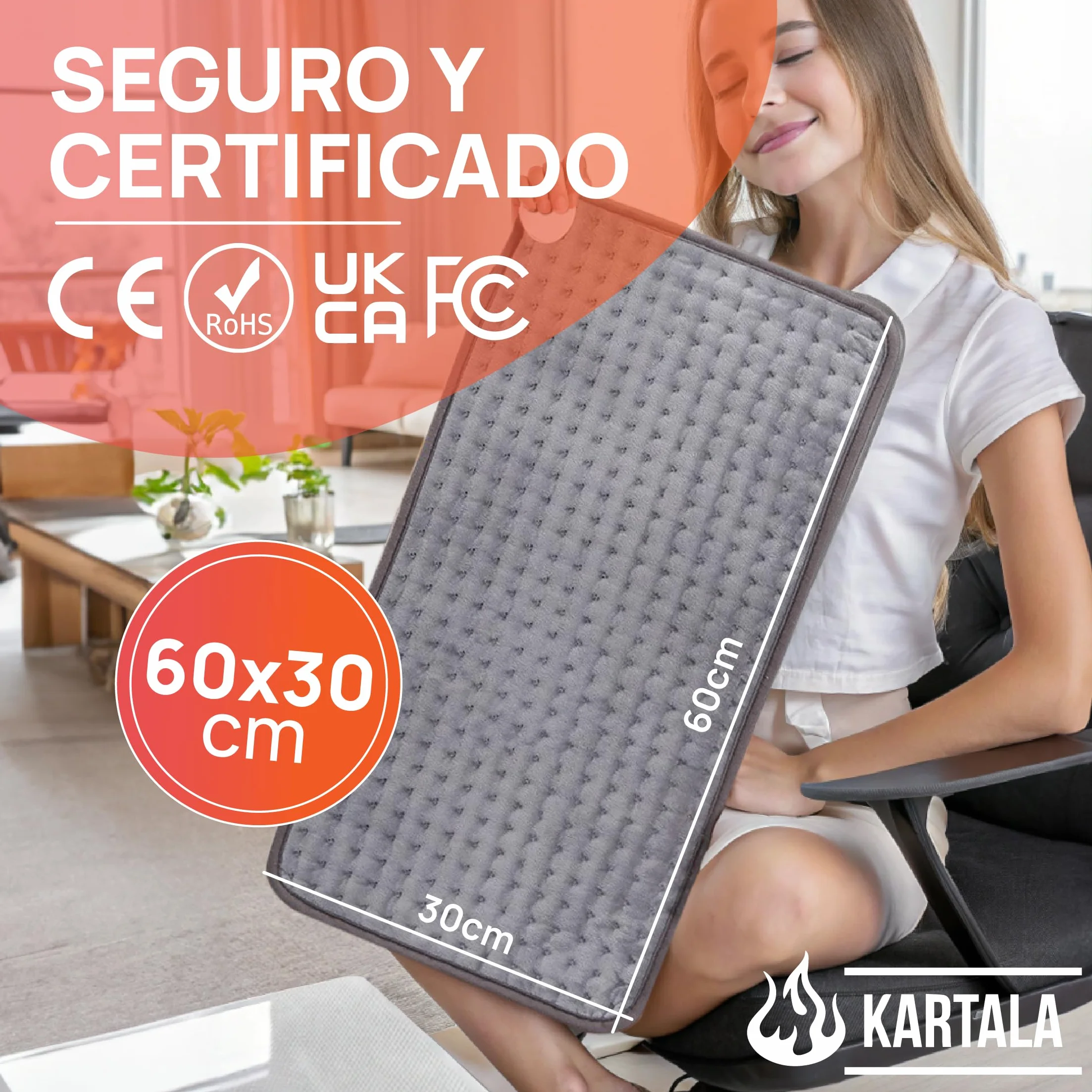 Manta Térmica Lumbar Kartala 30×60 cm con Bolsa, 9 Temperaturas, 4 Temporizadores, Lavable y Portátil