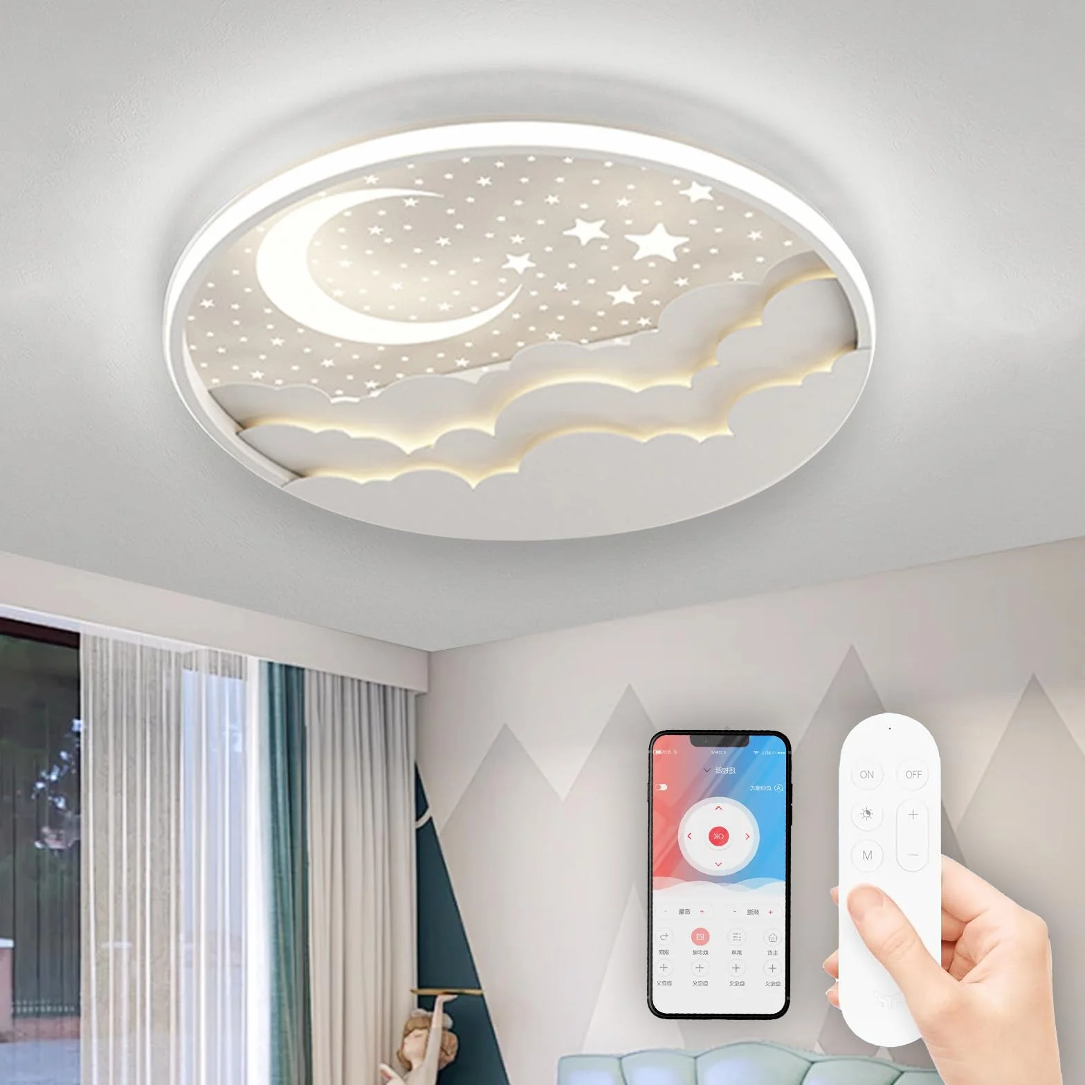 Lámpara de Techo LED Regulable Infantil Estrella Luna con Control Remoto Blanco