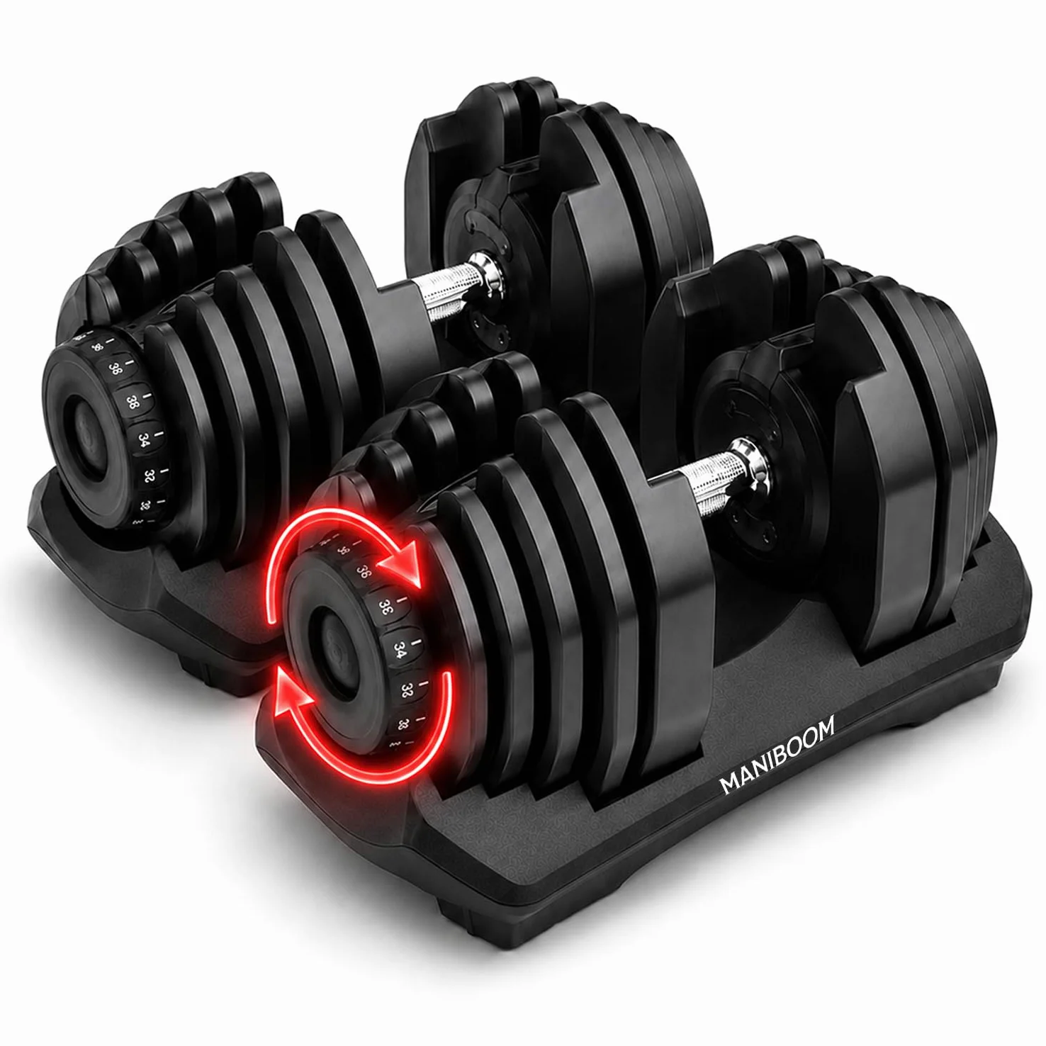 ManiBoom Mancuernas Ajustables, Mancuernas Regulables (2-24kg o 5-40kg), Pesas Ajustables con Discos de Acero Reforzado, Cambio de Peso en 1 Segundo y Doble Bloqueo, Gimnasio en Casa