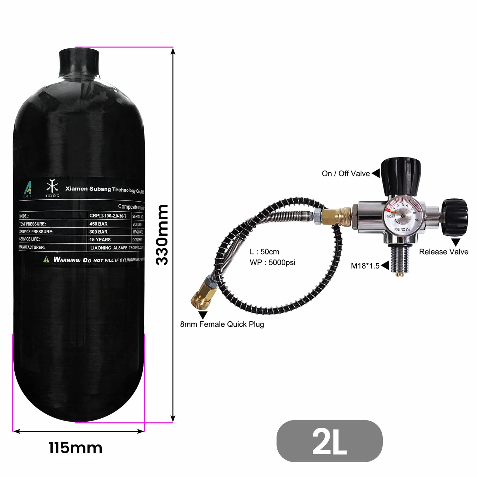 TUXING Depósito de aire HPA de fibra de carbono de 4500 psi, 2 l, 122 Cu con válvula reguladora de relleno PCP, para tanque de buceo Pcp Air Rifle (Empty Bottle), M18 x 1,5