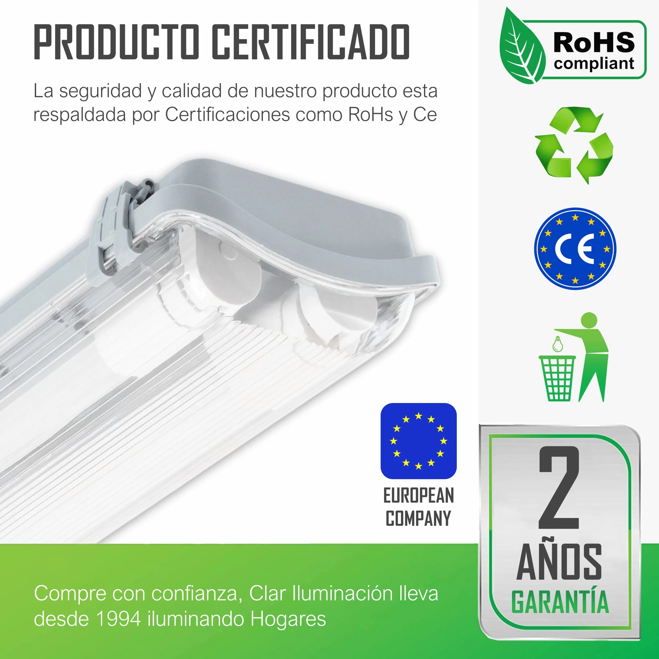 CLAR Pantalla Estanca LED 18W 2 Tubo 120cm Pack 5