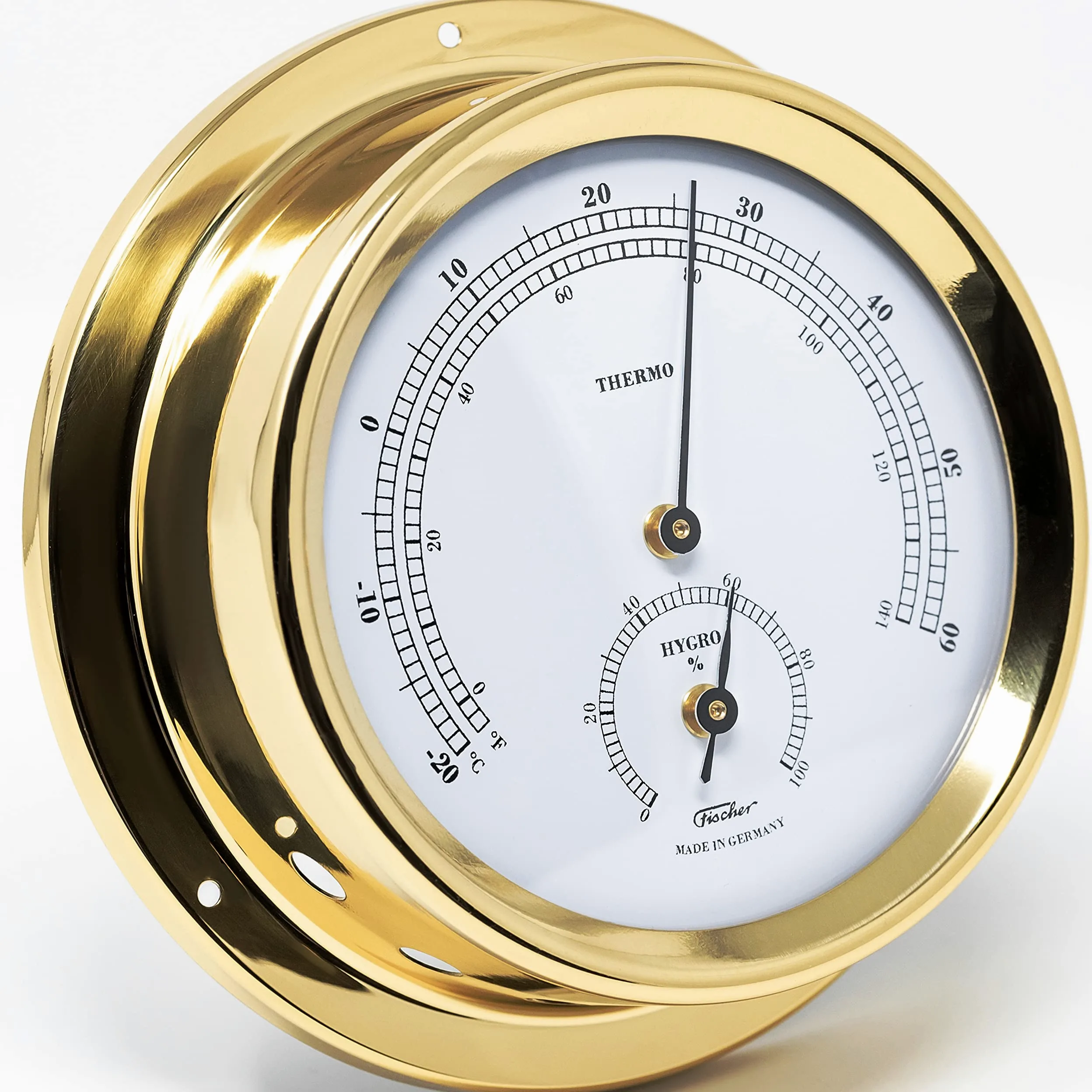 Fischer Thermo-Hygrometer, latón, 125 x 100 mm | Higrómetro y termómetro con carcasa de latón, 125 mm de diámetro, fabricado en Alemania