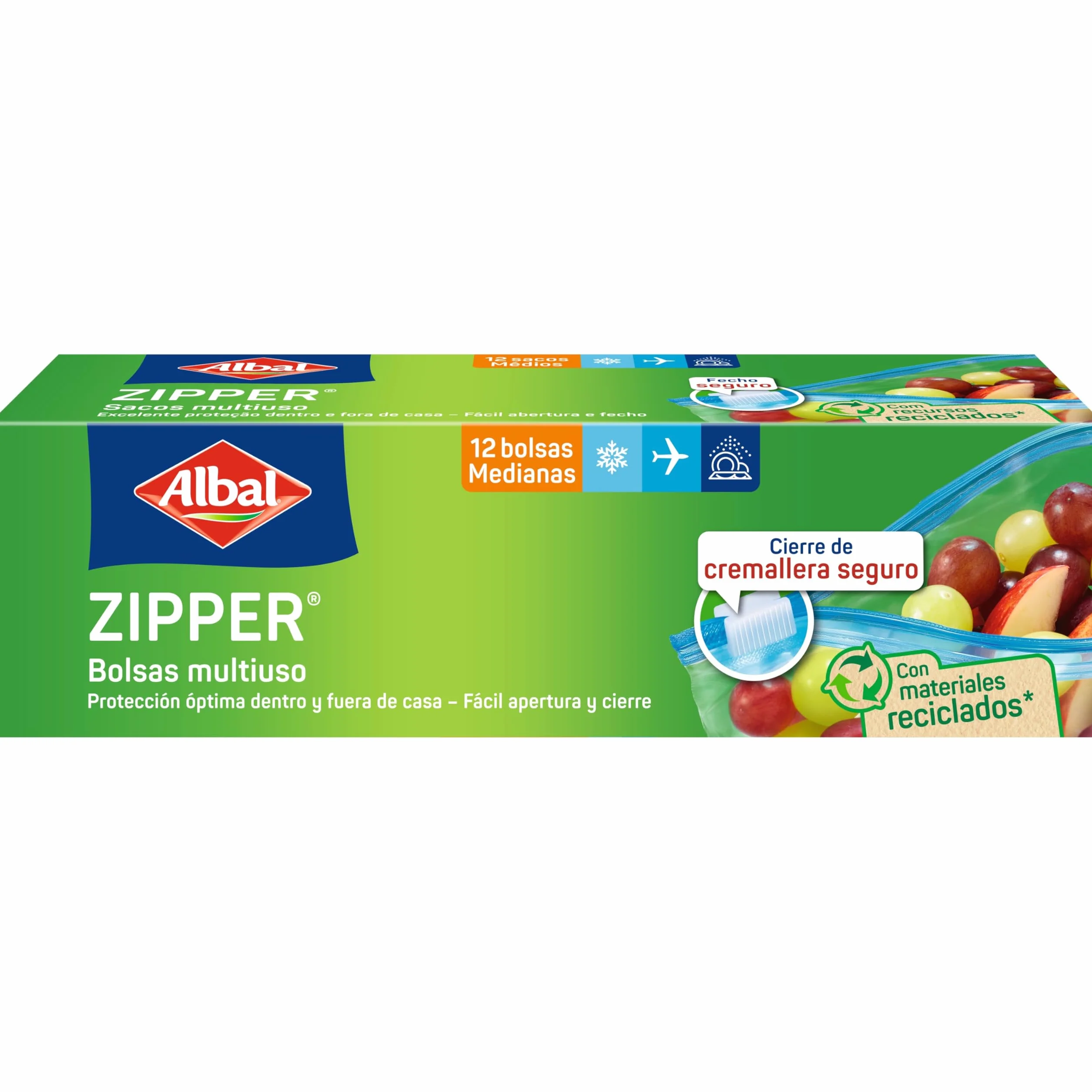 Albal Bolsas Multiuso Zipper 1 Litro, 70% Reciclados, Resistentes, Reutilizables, 12 Bolsas