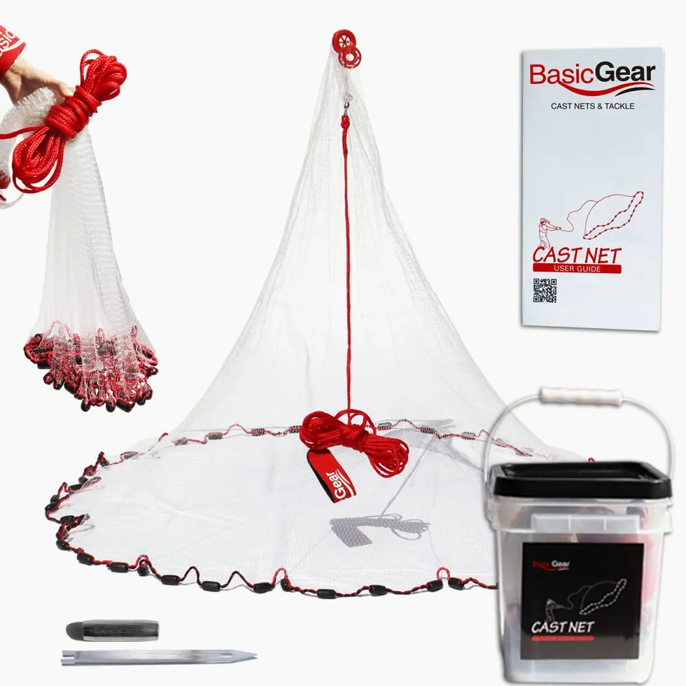 BasicGear Red fundida | Radio de 3-12 pies, Malla de 3/8 o 1/4 Pulgadas para Peces de Agua Dulce y Salada | Grado Profesional y Material Mejorado | Estilo de Lanzamiento