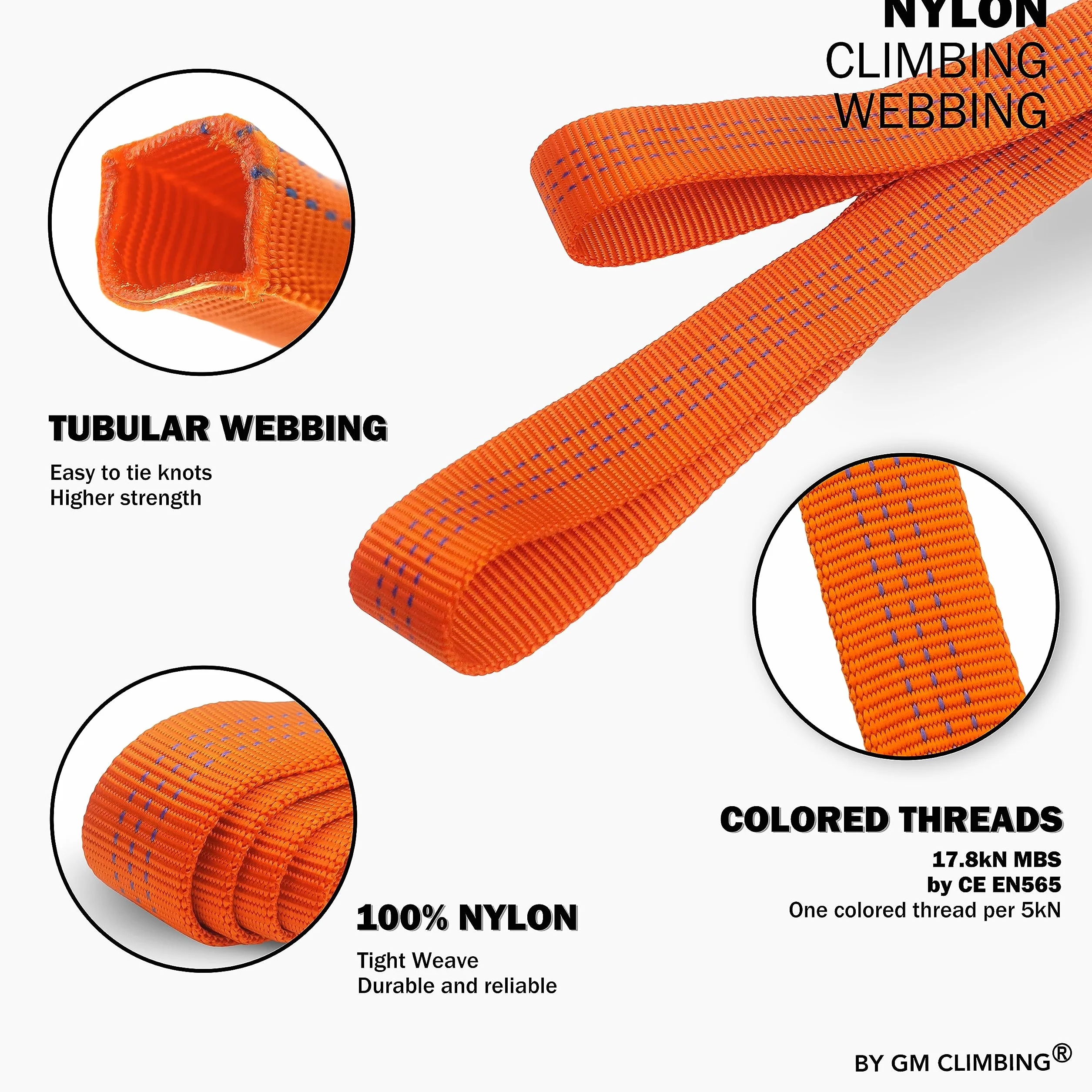 GM Climbing Cinta Tubular de Nailon de 2,54 cm, Certificado CE UIAA, 1814 kg, Resistente, para Escalada, Rescate, Trabajos de Supervivencia, Uso General, 2,5 cm x 9,1 m, Color Naranja