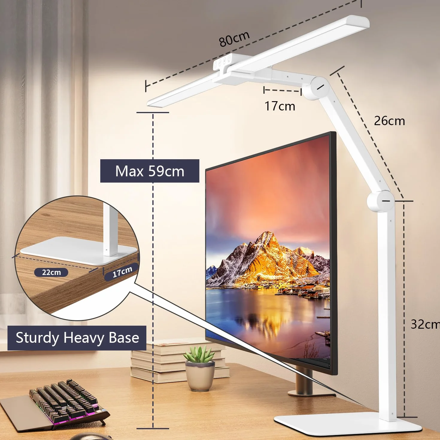 KableRika Lámpara Escritorio LED 24W 80cm Flexo Doble Cabezal Base Regulable 1200 lúmenes