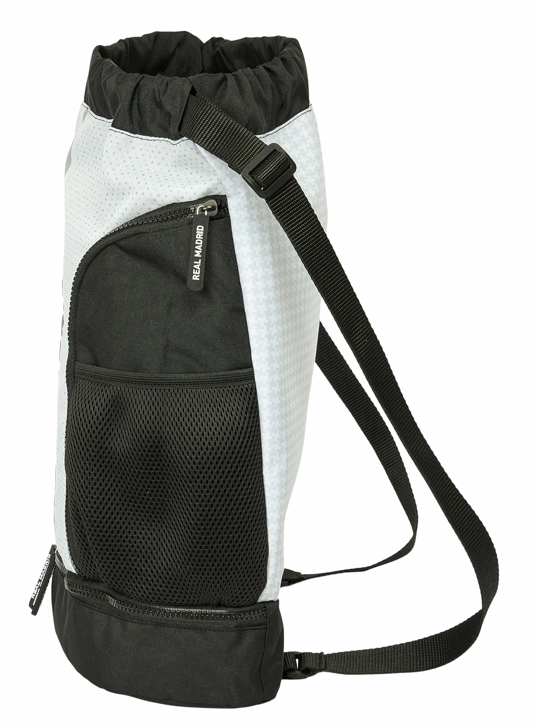 REAL MADRID 1ª EQUIPACIÓN 24/25 - Mochila Saco, Mochila, Ideal para Niños de Diferentes Edades, Cómoda y Versátil, Calidad y Resistencia, 34x15x43 cm, Color Blanco/gris
