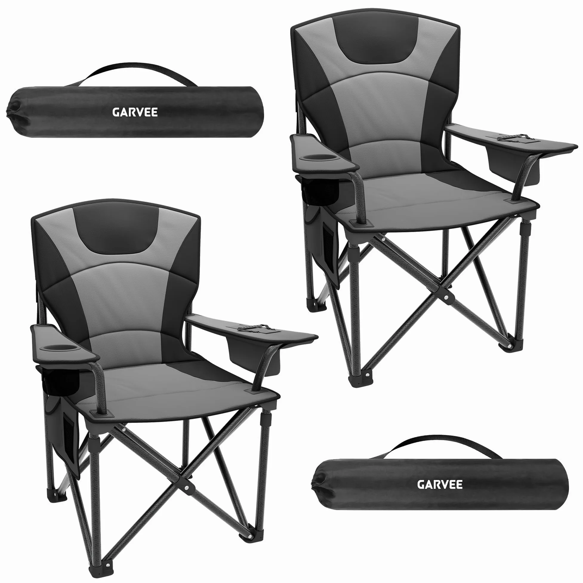 GarveeTech Sillas De Camping Plegables XXL para Adultos | Alta Resistencia y Máximo Confort - Respaldo Acolchado Alto - Soportan Hasta 200 kg - Con Portavasos, Bolsa Térmica y Bolsill