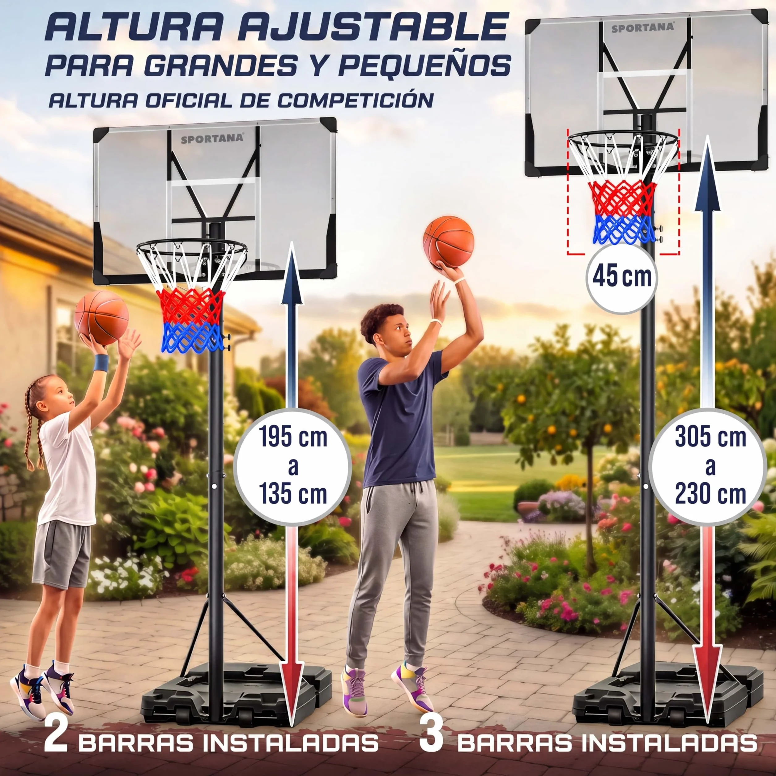 Canasta Baloncesto Exterior Altura Regulable 135-305 cm Soporte Portátil Base Rellenable 60 kg Aro Amortiguador Ø45 cm