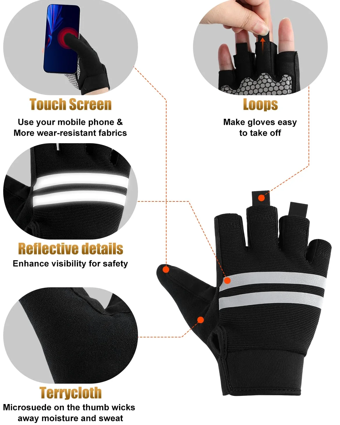 Guantes acolchados de gel de medio dedo para silla de ruedas (negro, L)