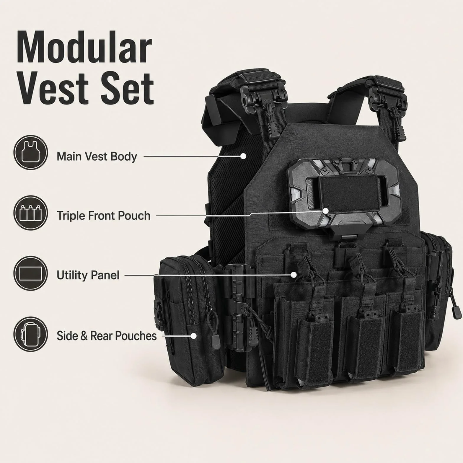 Genérico Arnes de Carga Modular Kit, Chaleco de Pecho Airsoft Ajustable | Incluye Base Bolsa Triple Panel Navegacion Bolsa Smartphone Bolsa Radio y Bolsa Trasera de Carga Utilidades