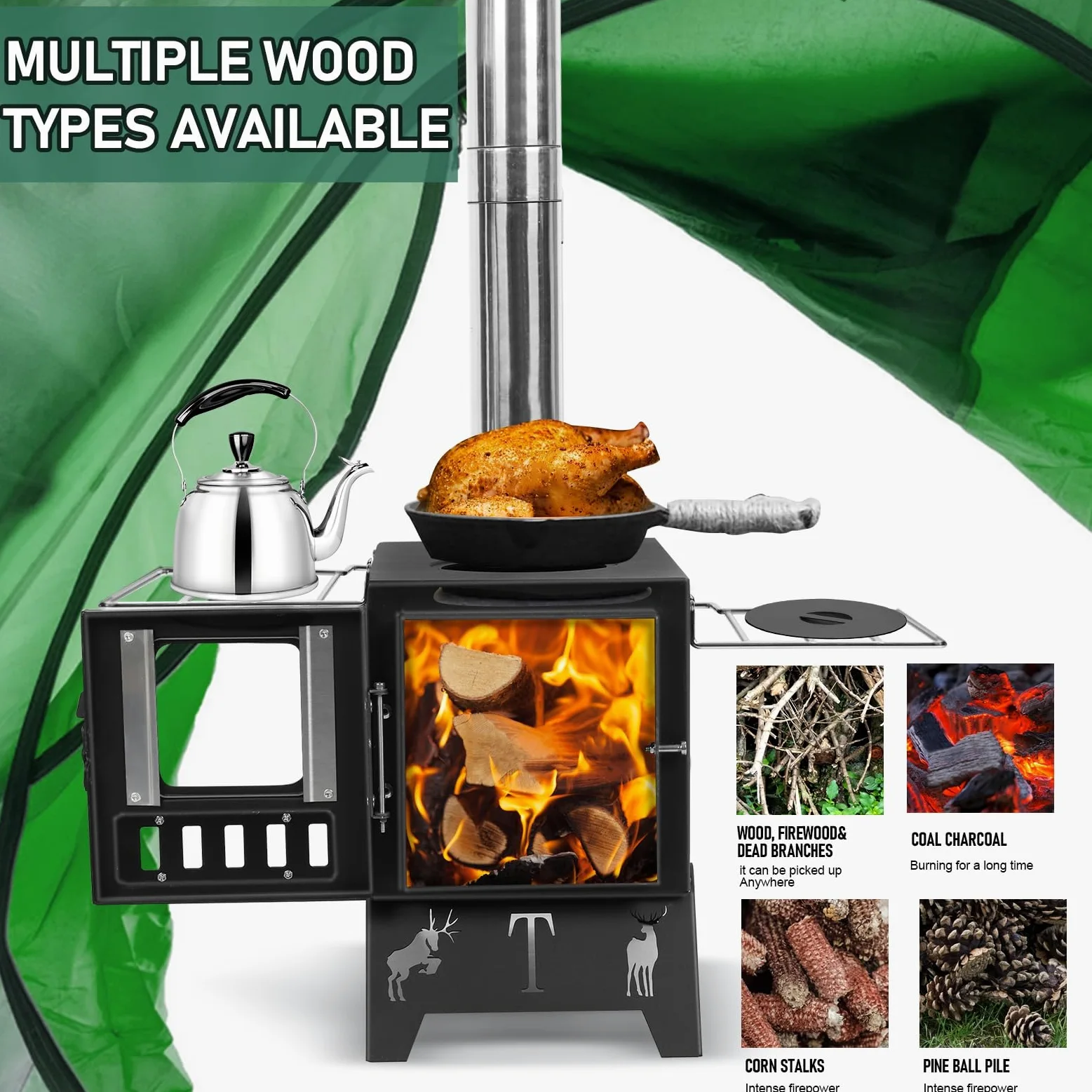 Estufa de leña portátil para campamento, estufa de leña portátil con tubos de chimenea, estufa de camping con superficie de titanio mejorada, vidrio resistente al calor y guantes para exteriores
