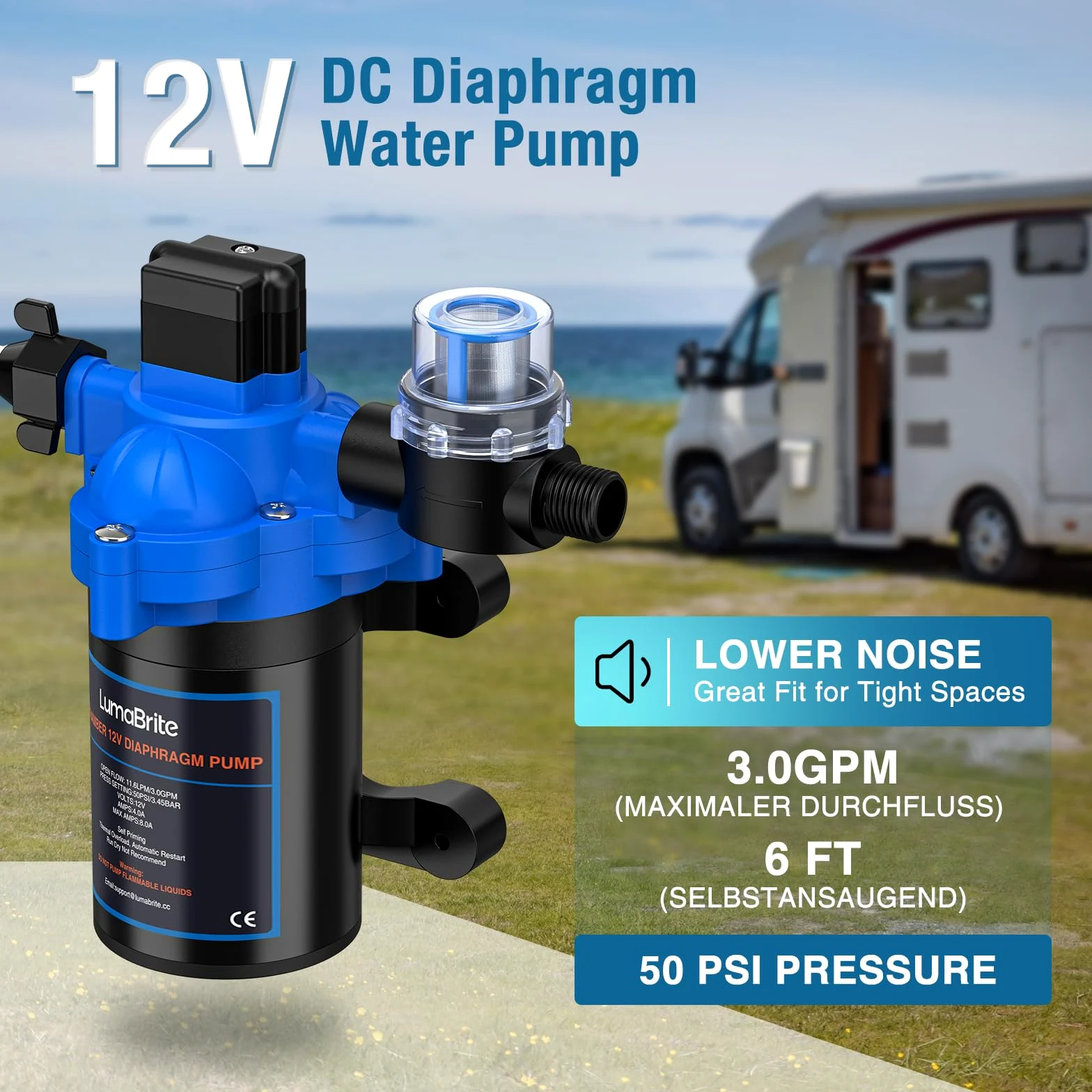 Bomba de Agua 12V, 3.0 GPM 50 PSI Bombas de Agua Sumergibles 12V DC Interruptor de Presión Automático Ajustable para RV, Yate, Jardín, Autocaravana