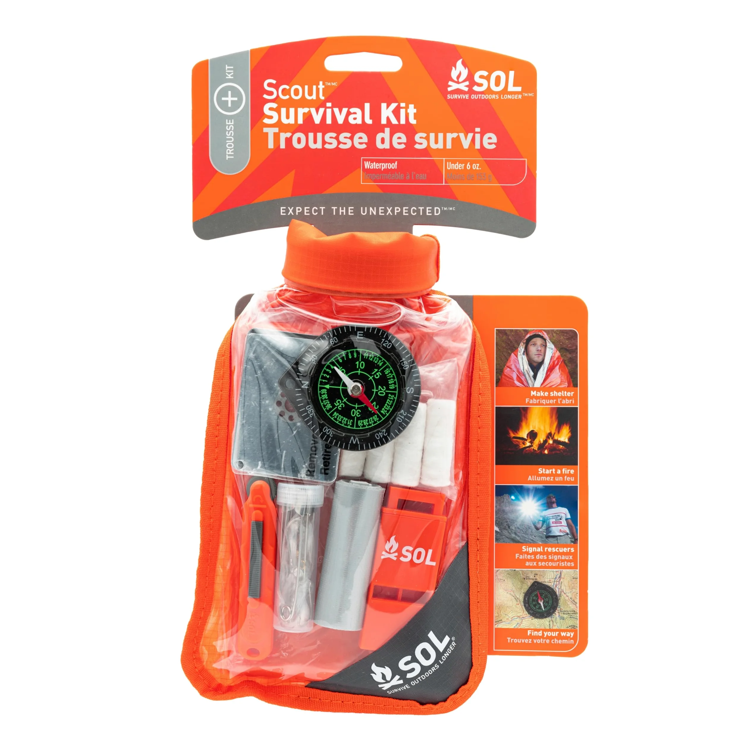 SOL® Scout - Kit de supervivencia impermeable con bolsa seca y manta de supervivencia, kit de costura, brújula, espejo de señal, luz de fuego, kit de iniciación, senderismo, caza, mochilero, caminar,