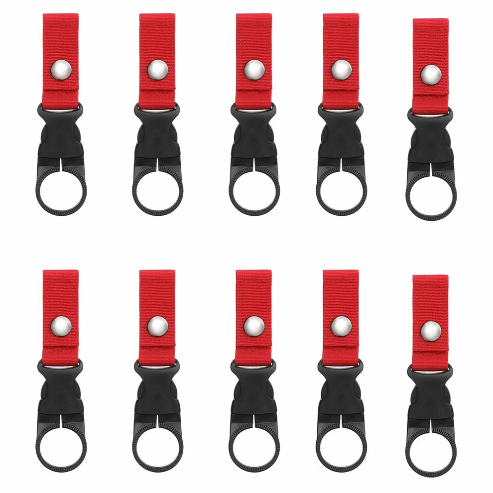 Paquete de 10 soportes elásticos para botella de agua, gancho con hebilla, mosquetón de escalada, para mochileros, viajes, color caqui