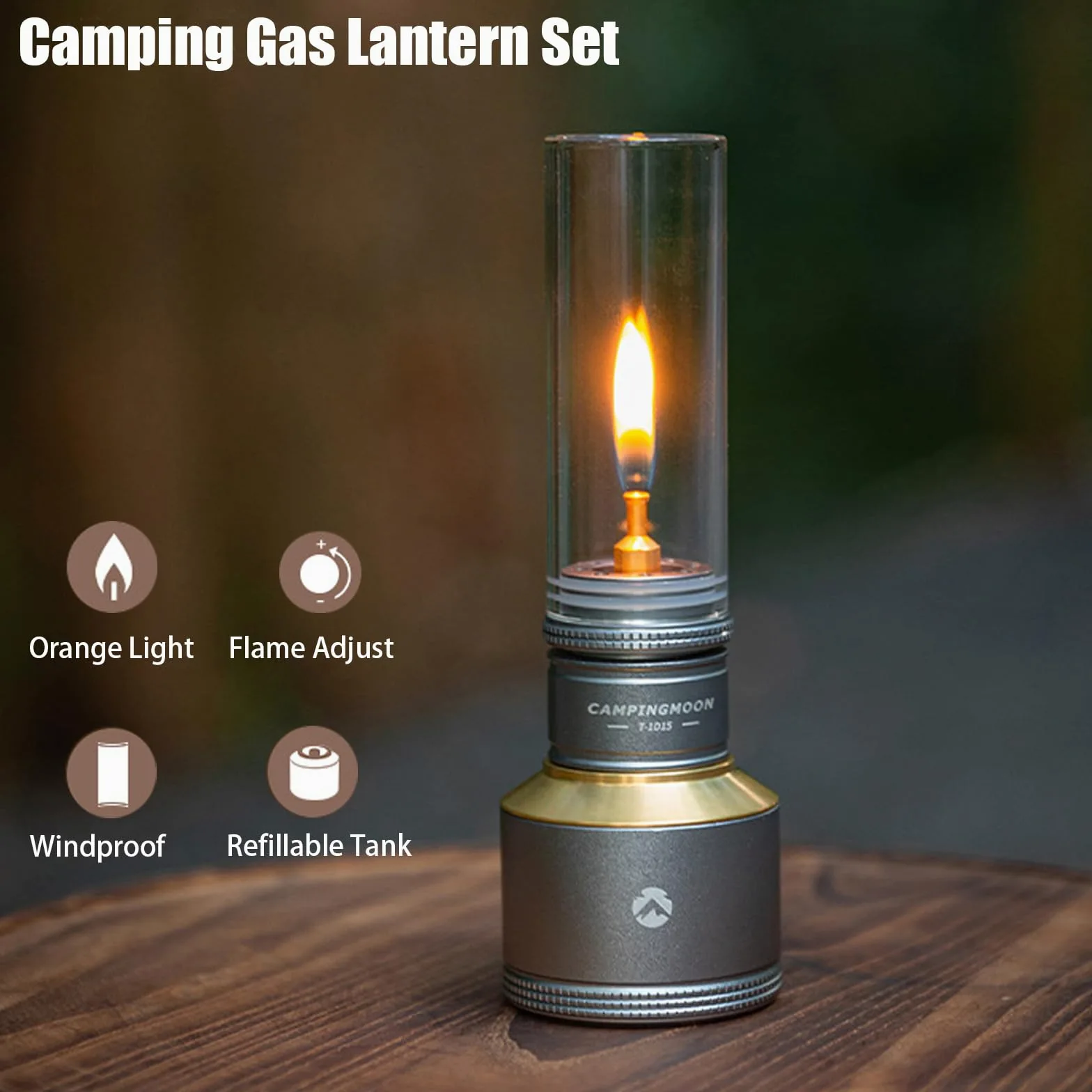 Lámpara de gas de luna, linterna portátil de ensueño con tanque de gas vacío y caja de madera