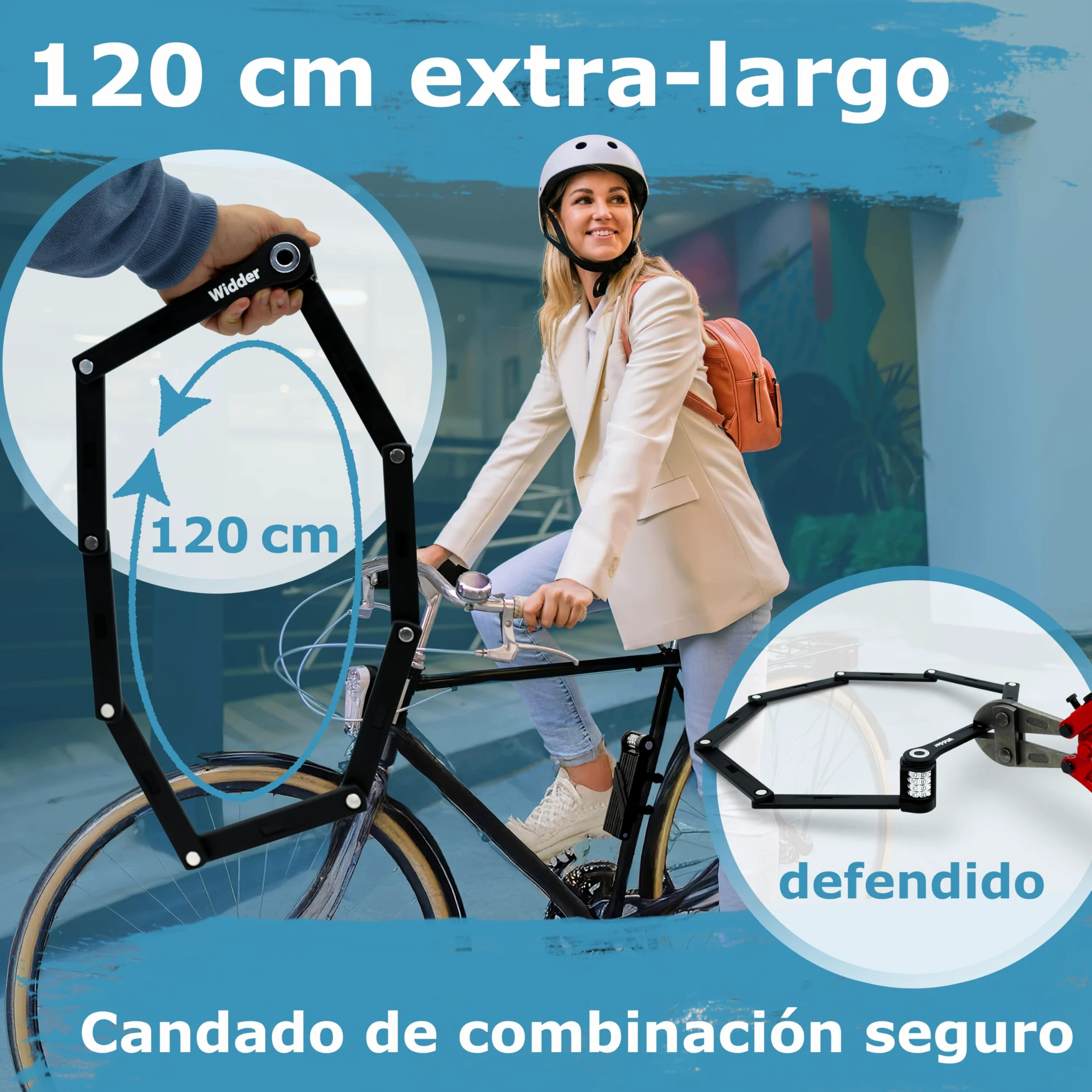 WIDDER 120cm Antirrobo bici extremadamente seguro | Titanio‑Acero nivel 15 | Candado de combinación | Candado plegable bicicleta de 120 cm con soporte | Antirrobo bici eléctrica & e‑scooter con código
