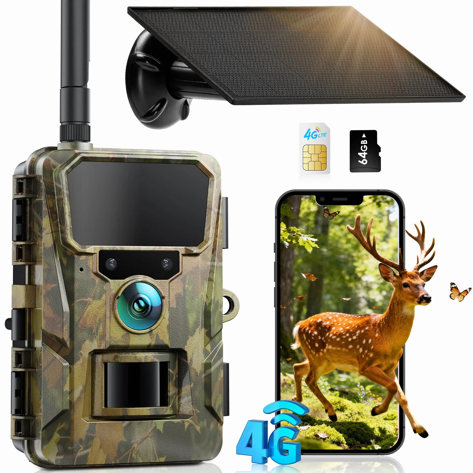 CEYOMUR 4G LTE Cámara de Caza Solar con SIM y TF 64GB, 48MP Cámara Fototrampeo Nocturna con Live View HD, Batería 5200mAh, Alertas al Móvil y Control por App, Detección de Movimiento 0,2s, IP66