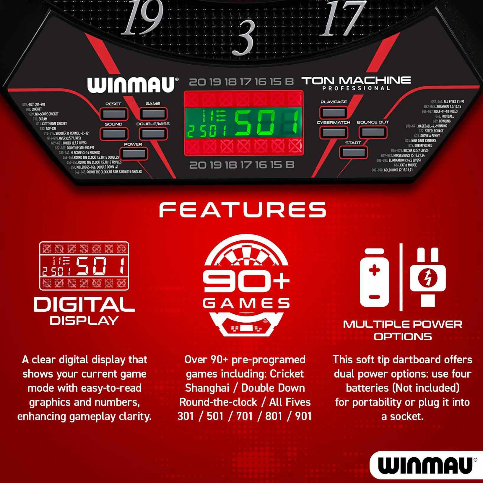WINMAU Darts - Ton Machine Tablero de Dardos electrónico con más de 90 Juegos y Marcador Digital para 8 Jugadores: 2 Juegos de Dardos de Punta Blanda, línea de Lanzamiento y Puntas de plástico