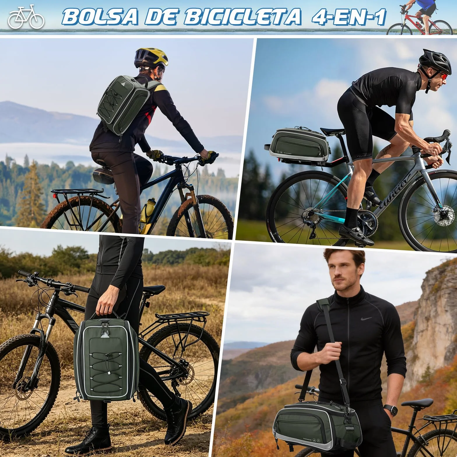 RAINSMORE Alforjas Bicicleta Impermeables 15L Expandibles Bolsa Bicicleta con Funda de Lluvia Reflectante Bolsas para Bicicleta Trasera Ciclismo Urbano y Bicicleta Eléctrica Verde