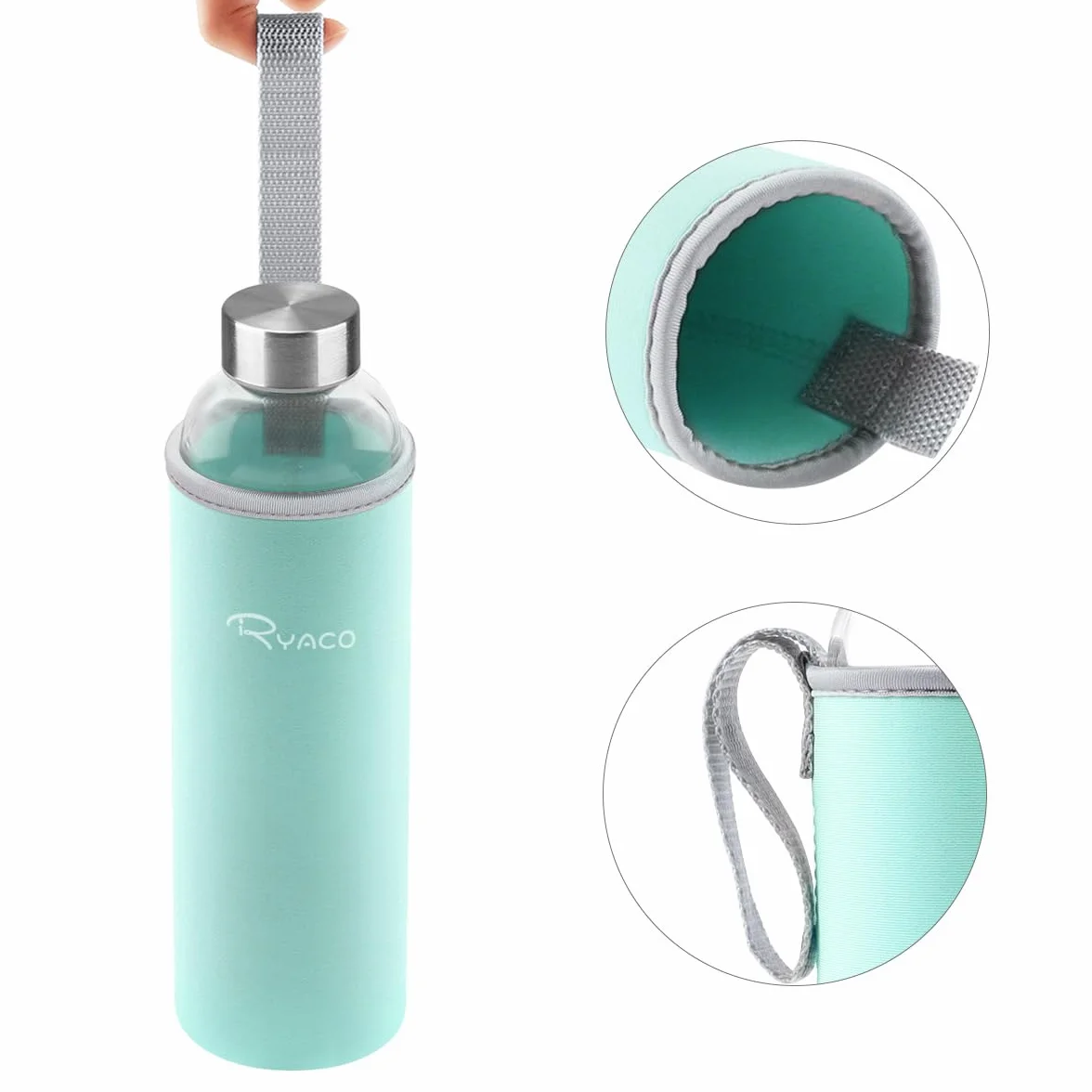 Ryaco Botella de Vidrio 550 ml/750 ml/1000 ml/1L, Botella de Vidrio de Borosilicato con Cubierta Protectora para Bebidas Frías y Calientes,sin BPA,con Cepillo de Esponja