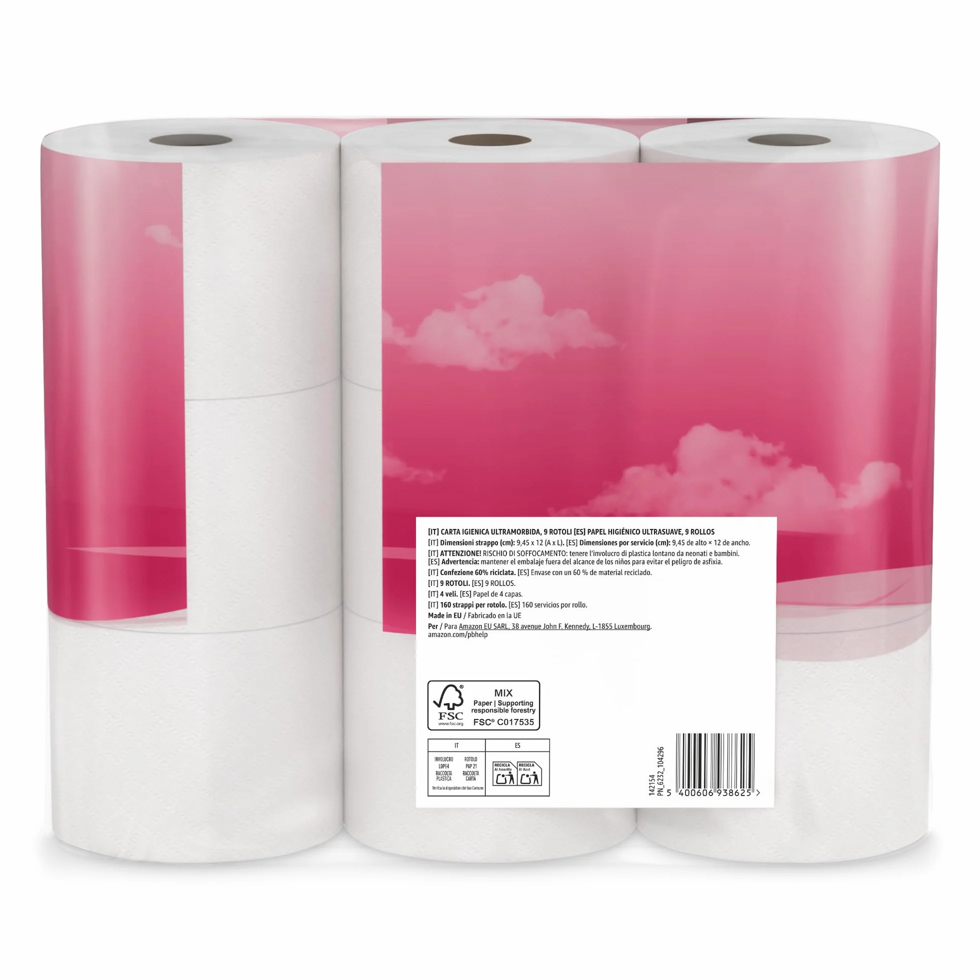 Amazon Papel Higiénico Ultrasuave 4 Capas 9 Rollos 160 Hojas por Rollo FSC