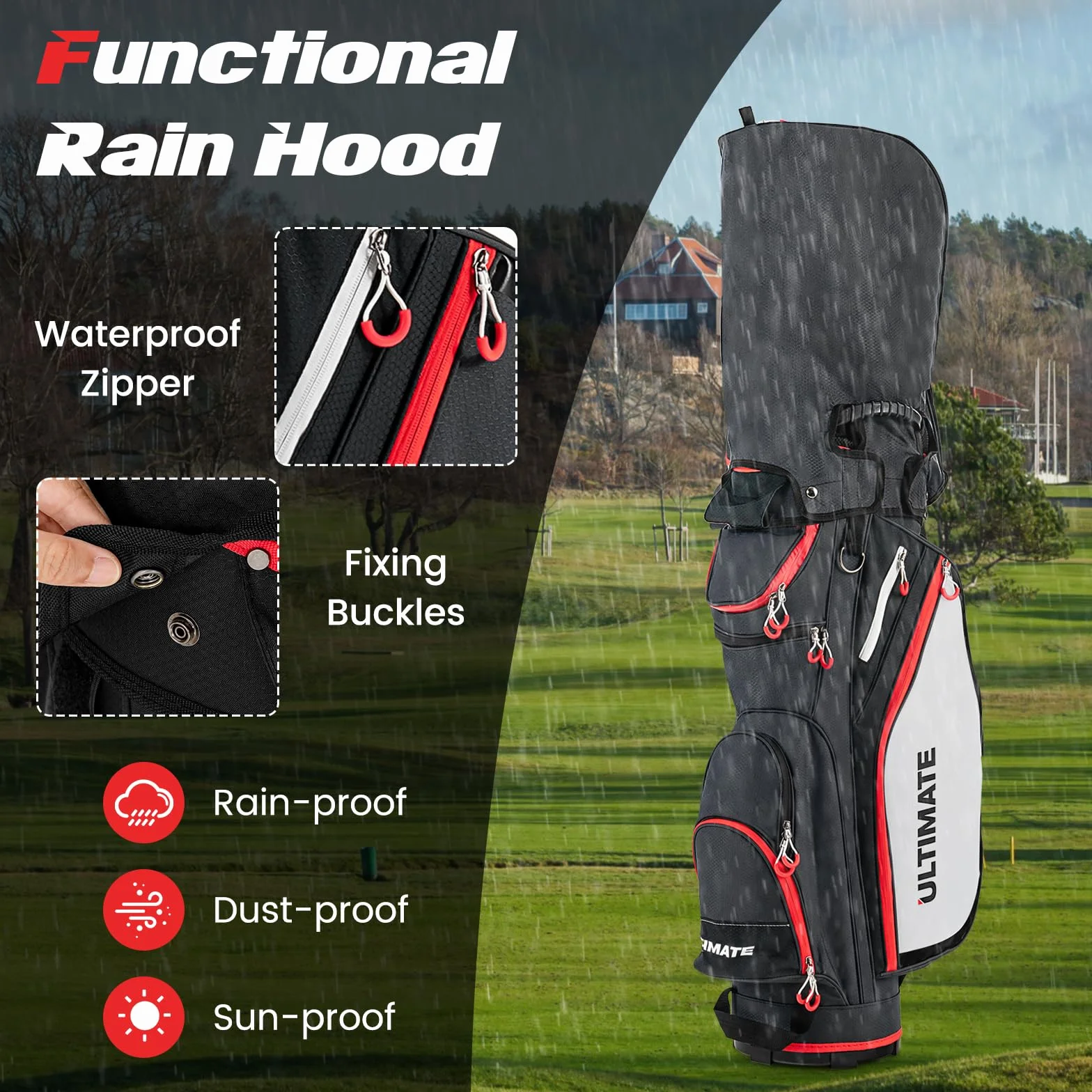 LIFEZEAL Bolsa de Golf con Funda para Lluvia, Bolsa de Carro para Palos de Golf con 14 Divisores y 8 Bolsillos, Funda de Golf con Cremallera Bolsa Térmica, Funda para Palos de Golf