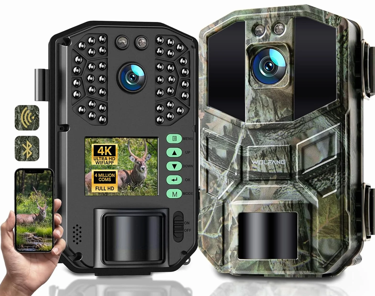 WOLFANG Cámara de Caza WiFi 4K 64MP, Camara Fototrampeo con 0.1s Velocidad de Disparo, Visión Nocturna, Diseño de Temporizadorn, IP66 para Vida Silvestre y Monitoreo de Seguridad