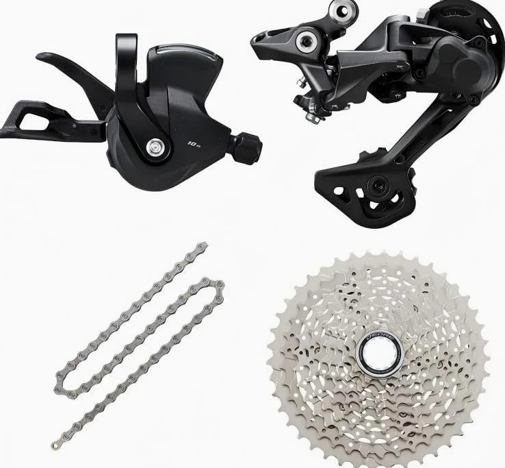 JGbike Compatible 10 Speed MTB 4pc groupset for Shimano Deore M4100: Right Shift Lever,Long Cage Rear Derailleur, 11-42T Cassette or Sunrace 11-46T Cassette, KMC X10 Chain