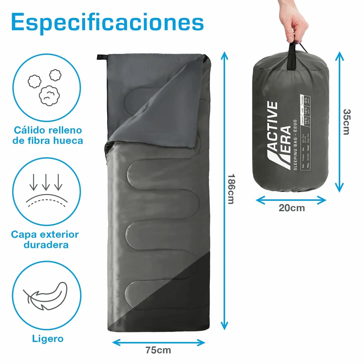 Active Era Saco de Dormir Ligero, 950 g, cálido, Transpirable para Adultos y niños. 10°C a 15°C, Uso Extremo -3°C. Campismo, Viajar, Senderismo, Interior y Exterior - 190 x 75cm
