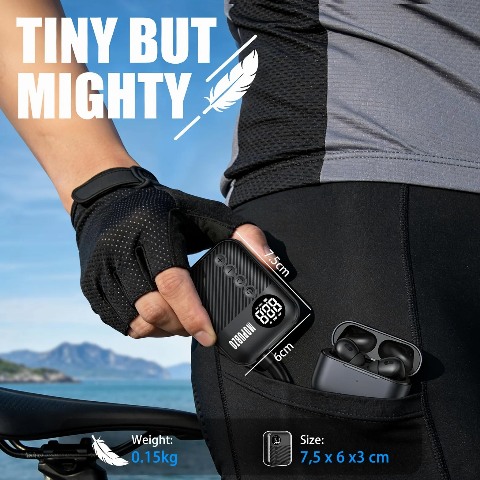 Tiny - Bomba de bicicleta con manómetro, bomba de aire eléctrica de 150 PSI, apagado automático, minibomba eléctrica, compatible con la mayoría de las válvulas de aire, inflado rápido para bicicleta