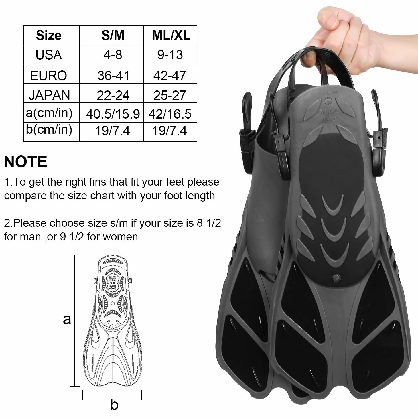Oumers aletas de esnórquel, tamaño de viaje, correa ajustable, aletas de buceo con bolsa de malla y conector de hebilla extra para hombres y mujeres, buceo