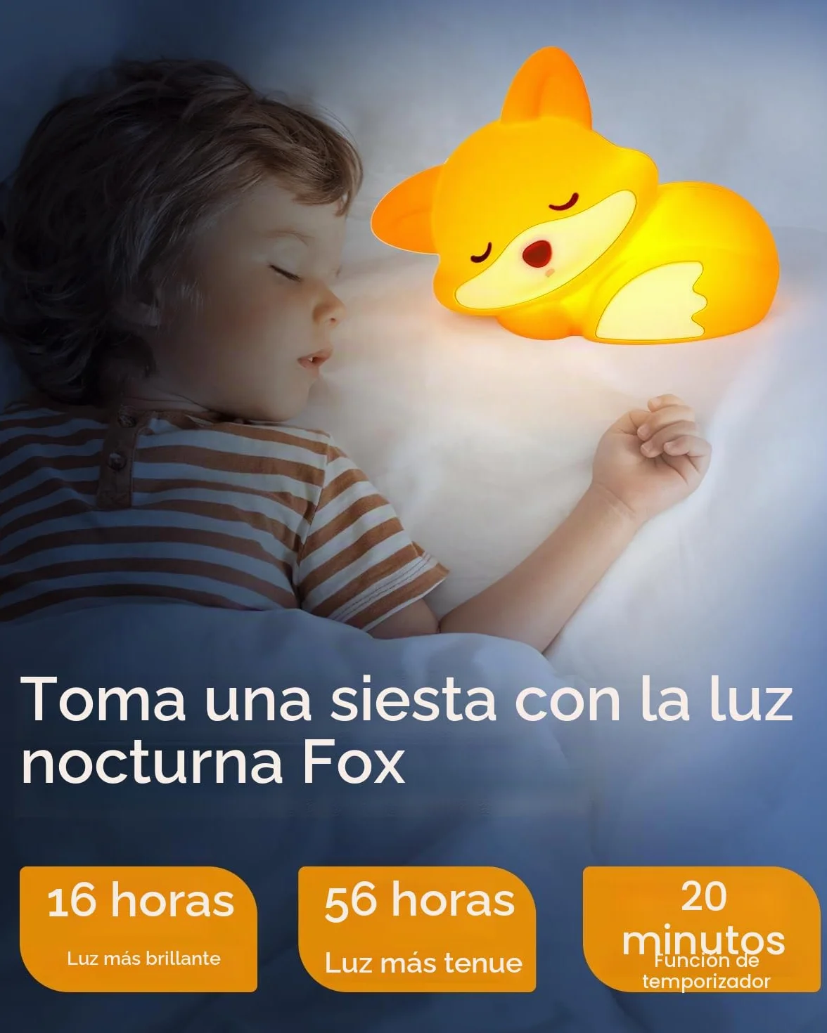 Amaredom Lámpara Infantil Zorro de Silicona Suave Luz Nocturna Bebé Brillo Regulable Apagado Automático 20 min
