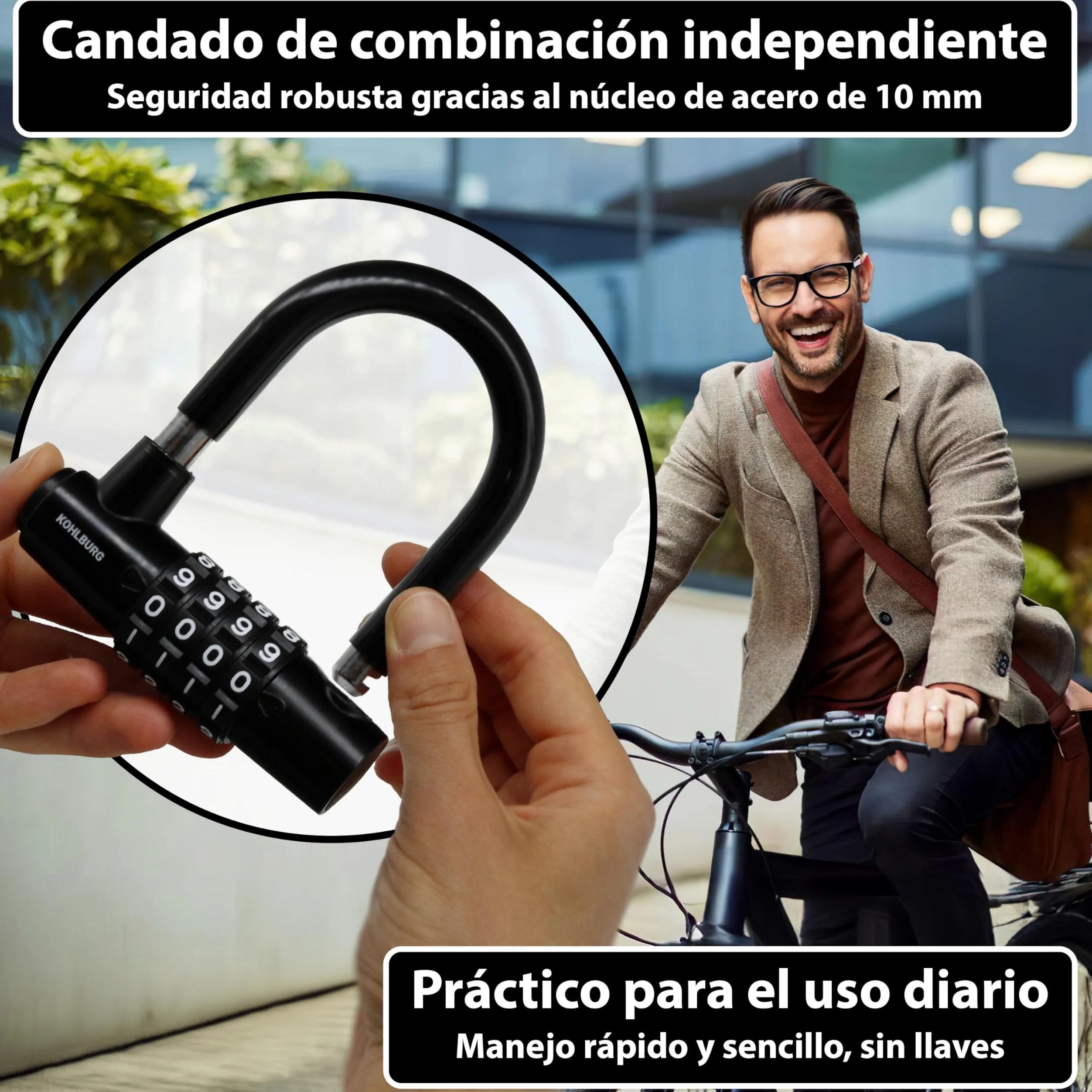 KOHLBURG Candado de cable con combinación 500cm candado bicicleta antirrobo | Candado combinacion 5 metros | Cable de acero con cintas de gancho y bucle | Antirrobo para bici, muebles de jardín, remolque