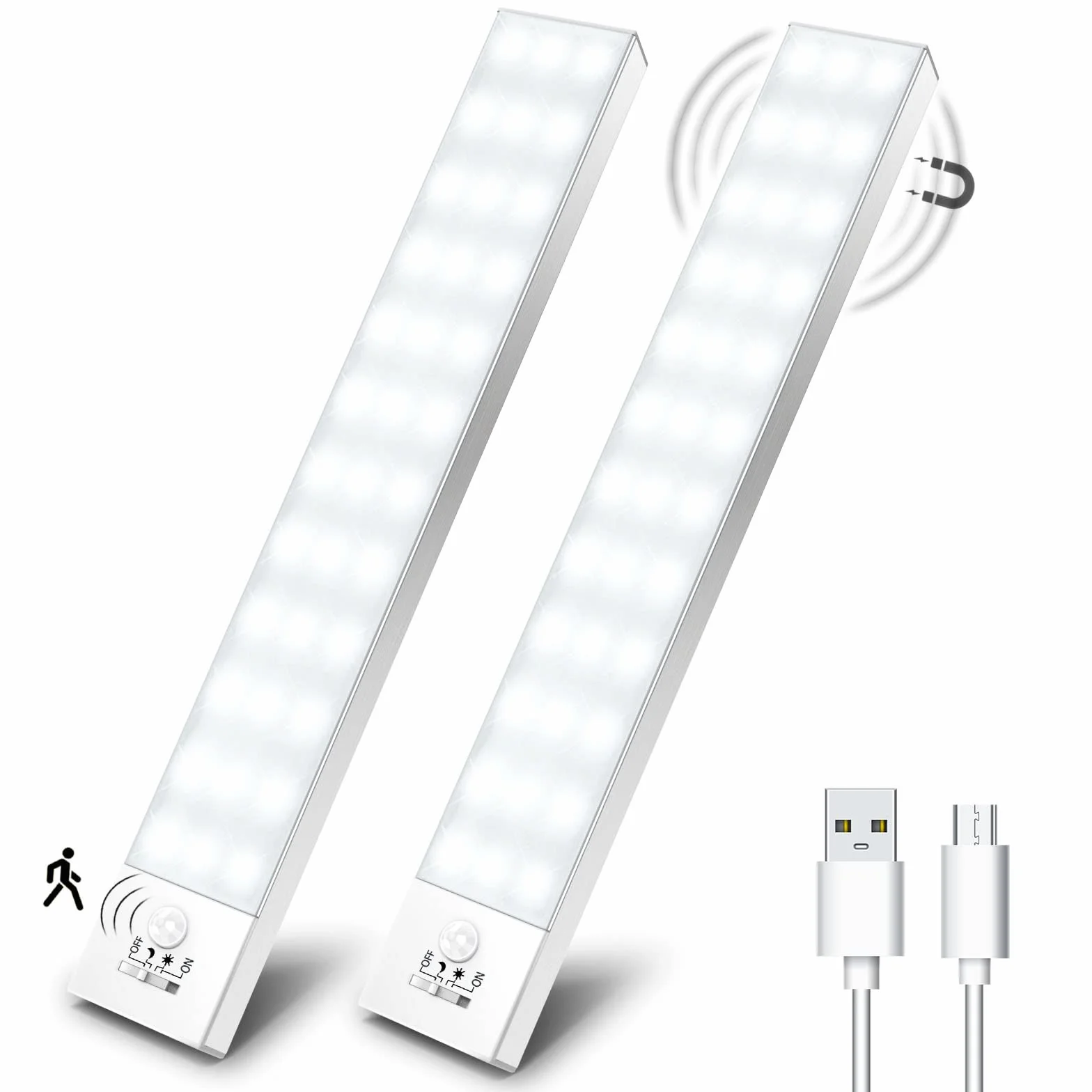OUILA Luz LED Armario Magnética con Sensor Movimiento Blanco Natural 5000K 36 LEDs 4 Modos Recargable USB 1000mAh 2 Piezas