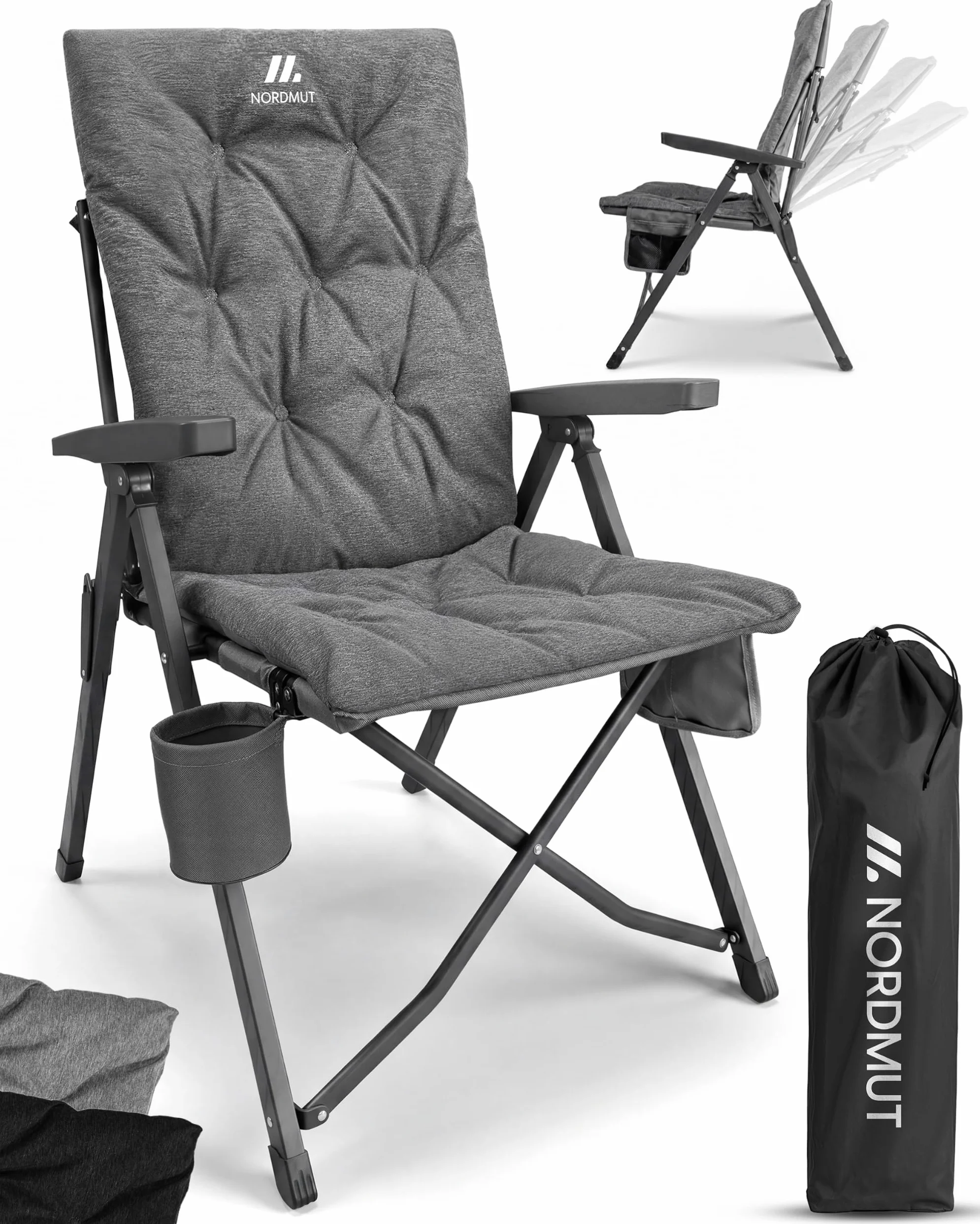NORDMUT® Silla de Camping Premium Plegable con Respaldo Alto – Ajustable en 4 Posiciones – Cómoda Silla de jardín con Capacidad de 140 kg para Camping y Outdoor (Gris Ceniza 1x)