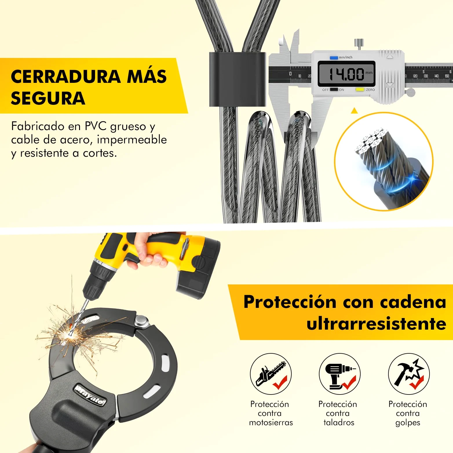 Candado Bicicleta Antirrobo, iWarmbase Candado Patinete Electrico, 120 cm/14 mm para Bicicletas Eléctricas, Antirrobo Para Bici, para Scooters/Patinete Eléctricas/Bicicletas